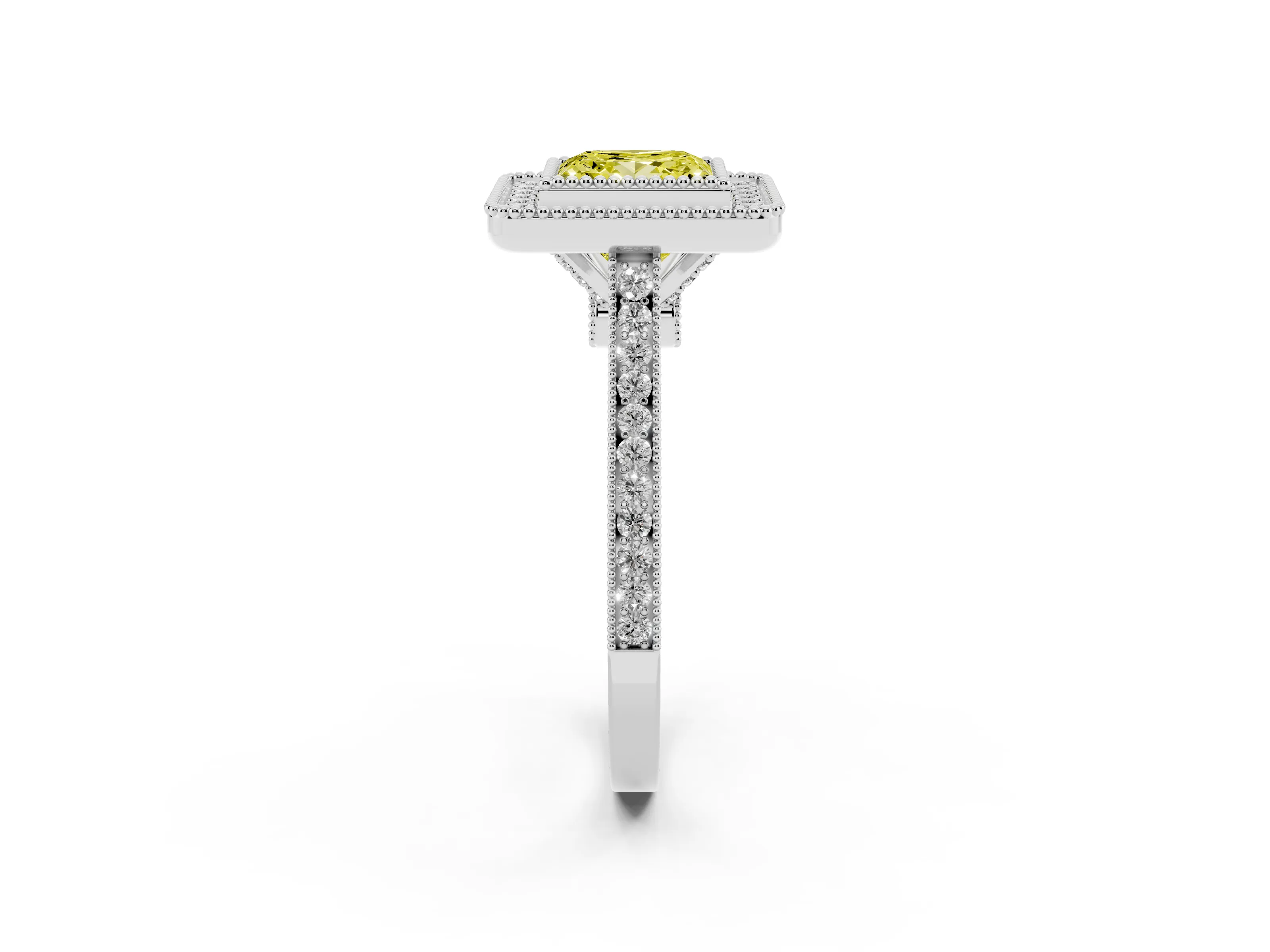 Fancy Yellow Princess Cut Diamond Halo Ring Set in White gold with Milgrain Frame and Pavé Band