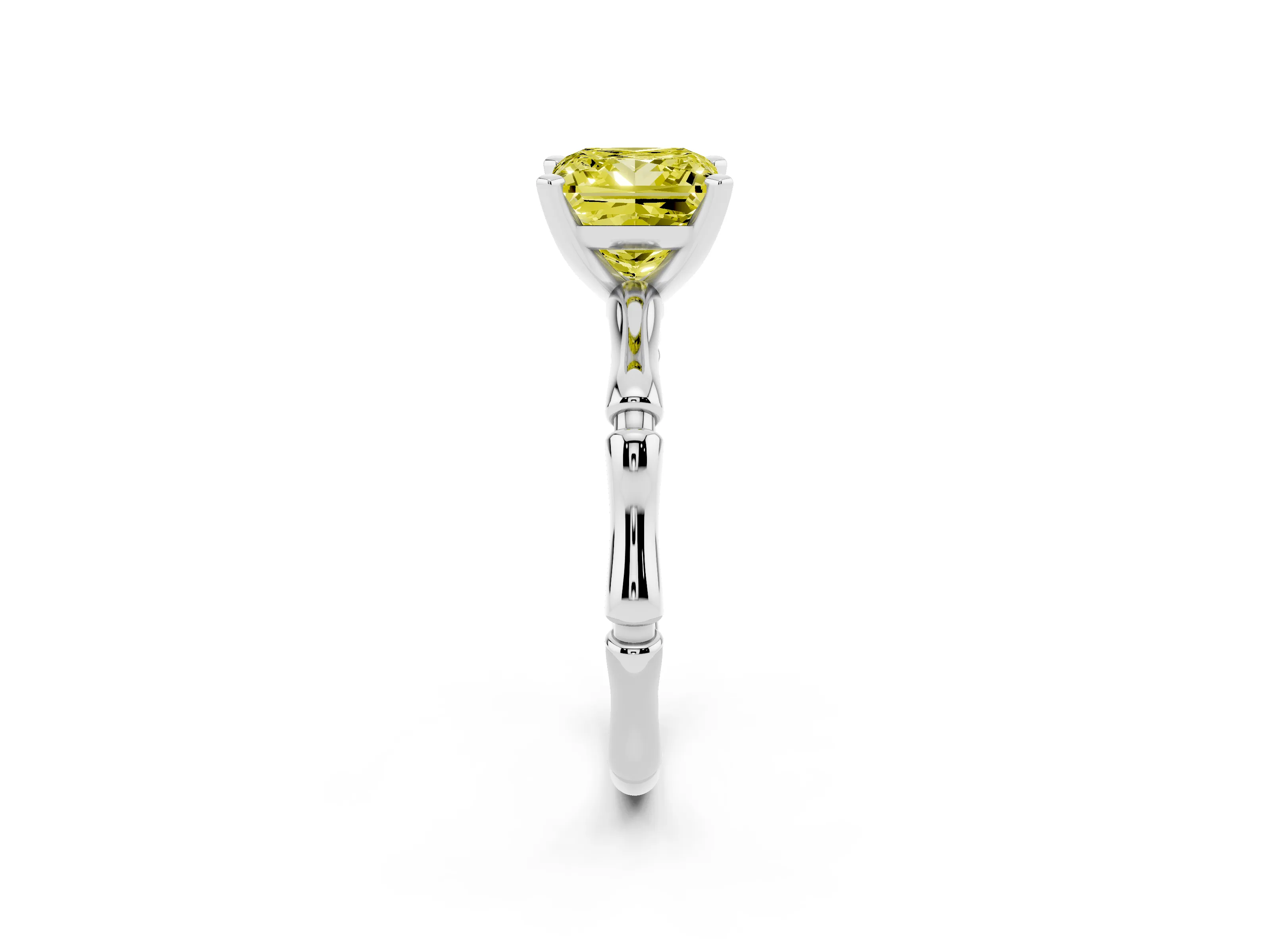 Fancy Yellow Princess Cut Diamond Solitaire Ring Set in Silver with Bamboo Band and Prong Setting