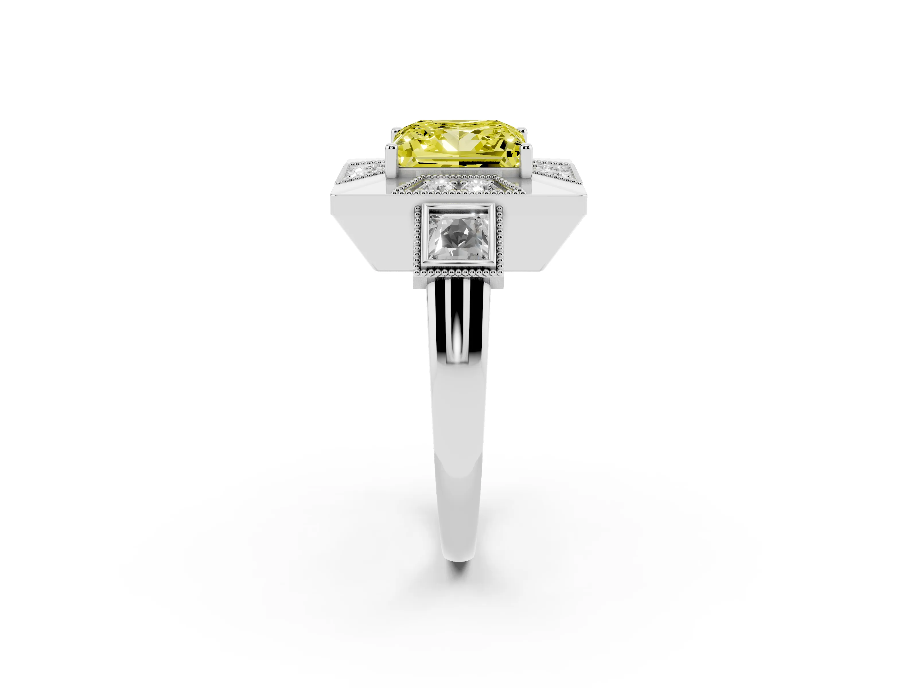 Fancy Yellow Princess Cut Diamond Milgrain Halo Ring Set in Silver with Split Shank