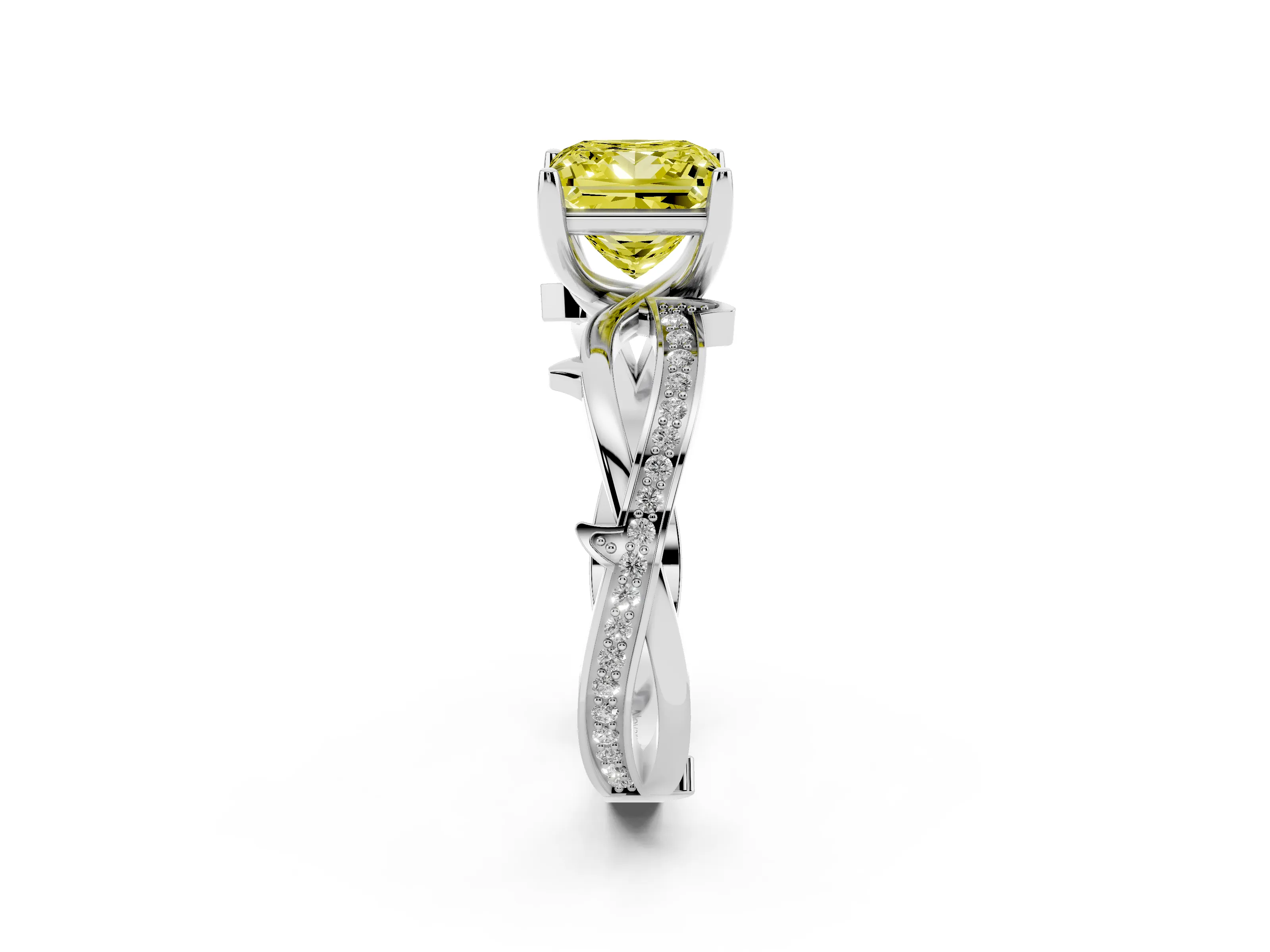 Fancy Yellow Princess Cut Diamond Pavé Twist Band Solitaire Ring Set in Platinum with Prong Setting