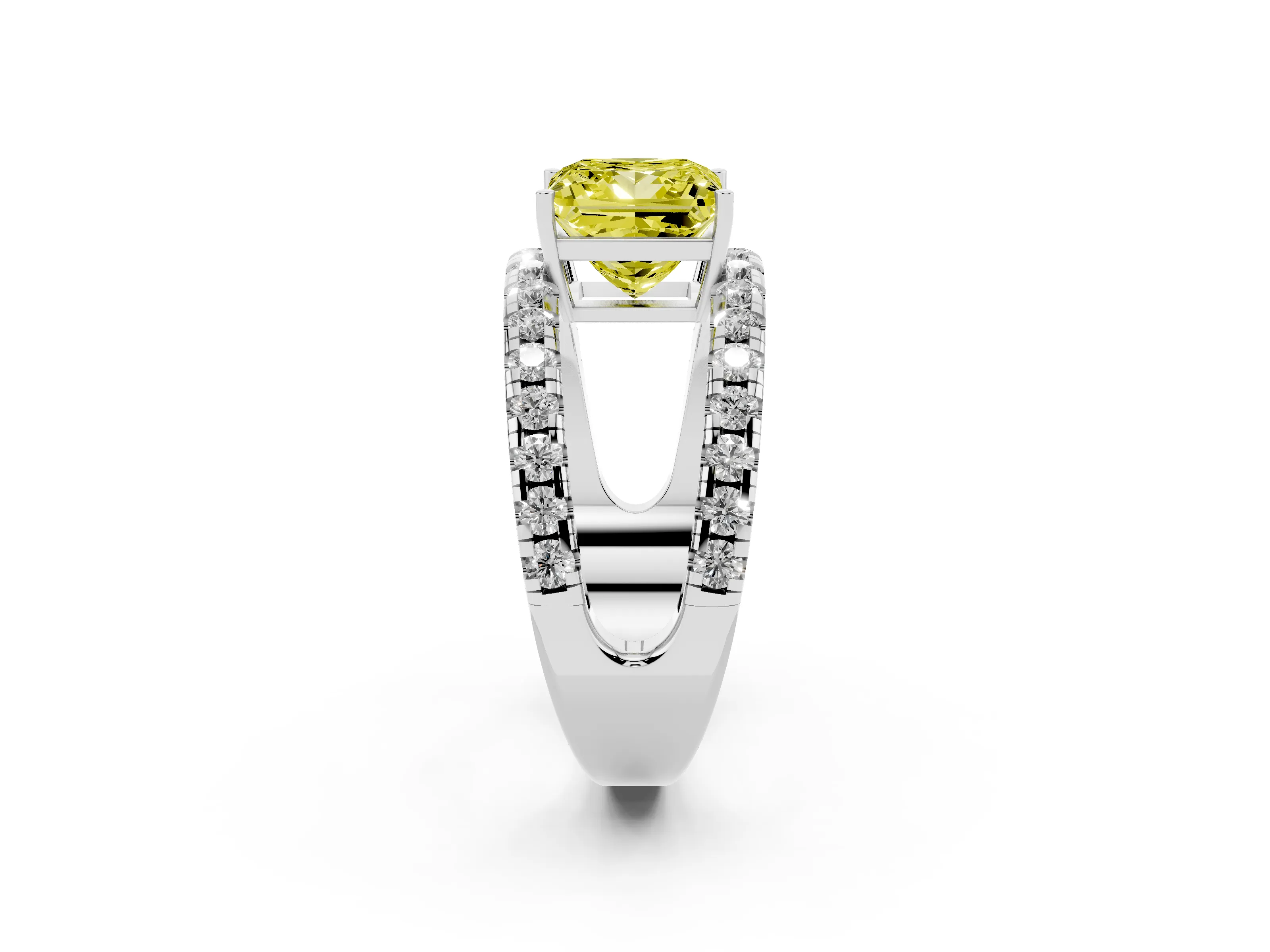 Fancy Yellow Princess Cut Diamond Split Shank Pavé Solitaire Ring Set in White gold with Open Shank Design