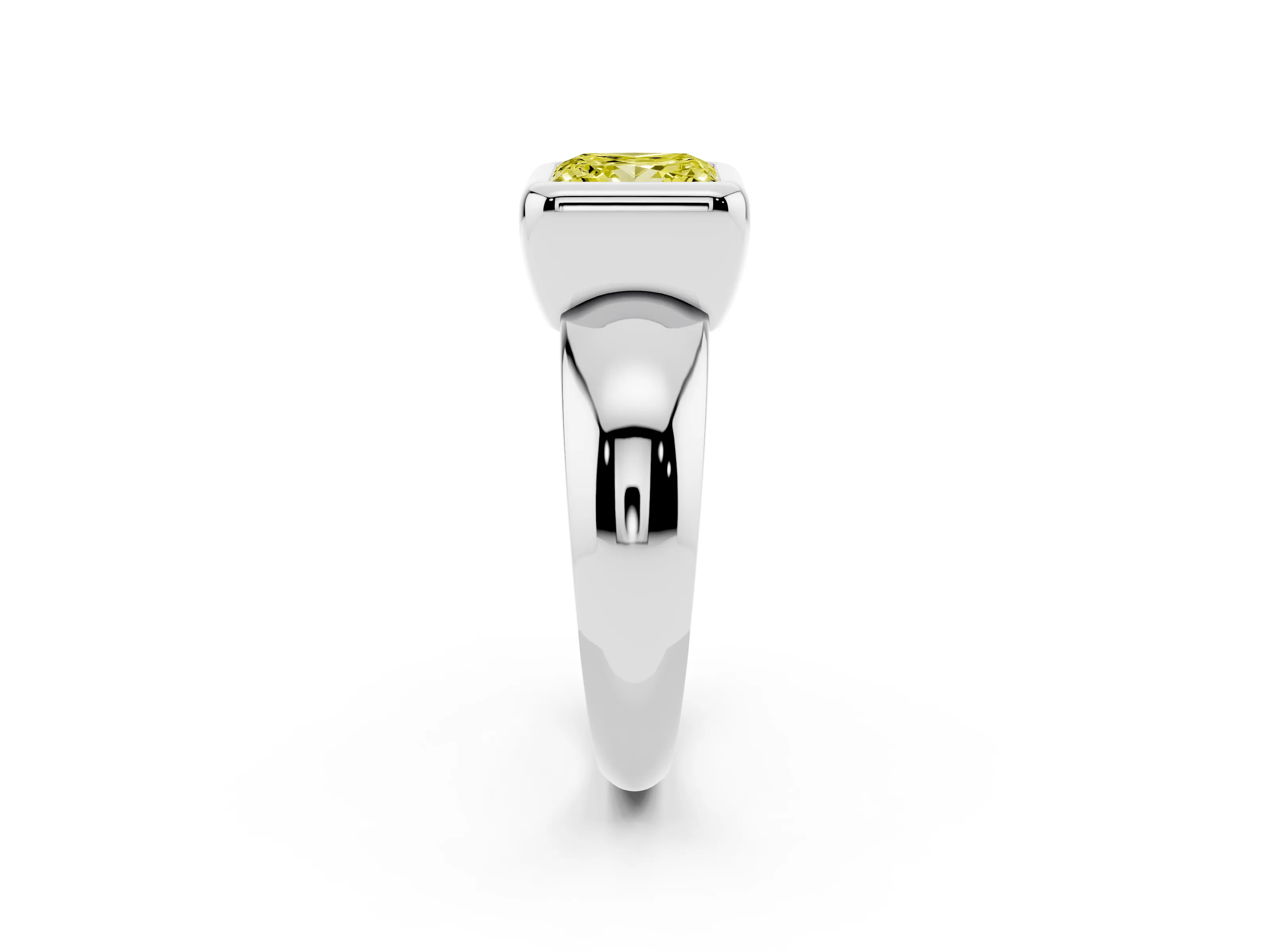 Fancy Yellow Bezel Set Princess Cut Diamond Solitaire Ring Set in White gold with Wide Band