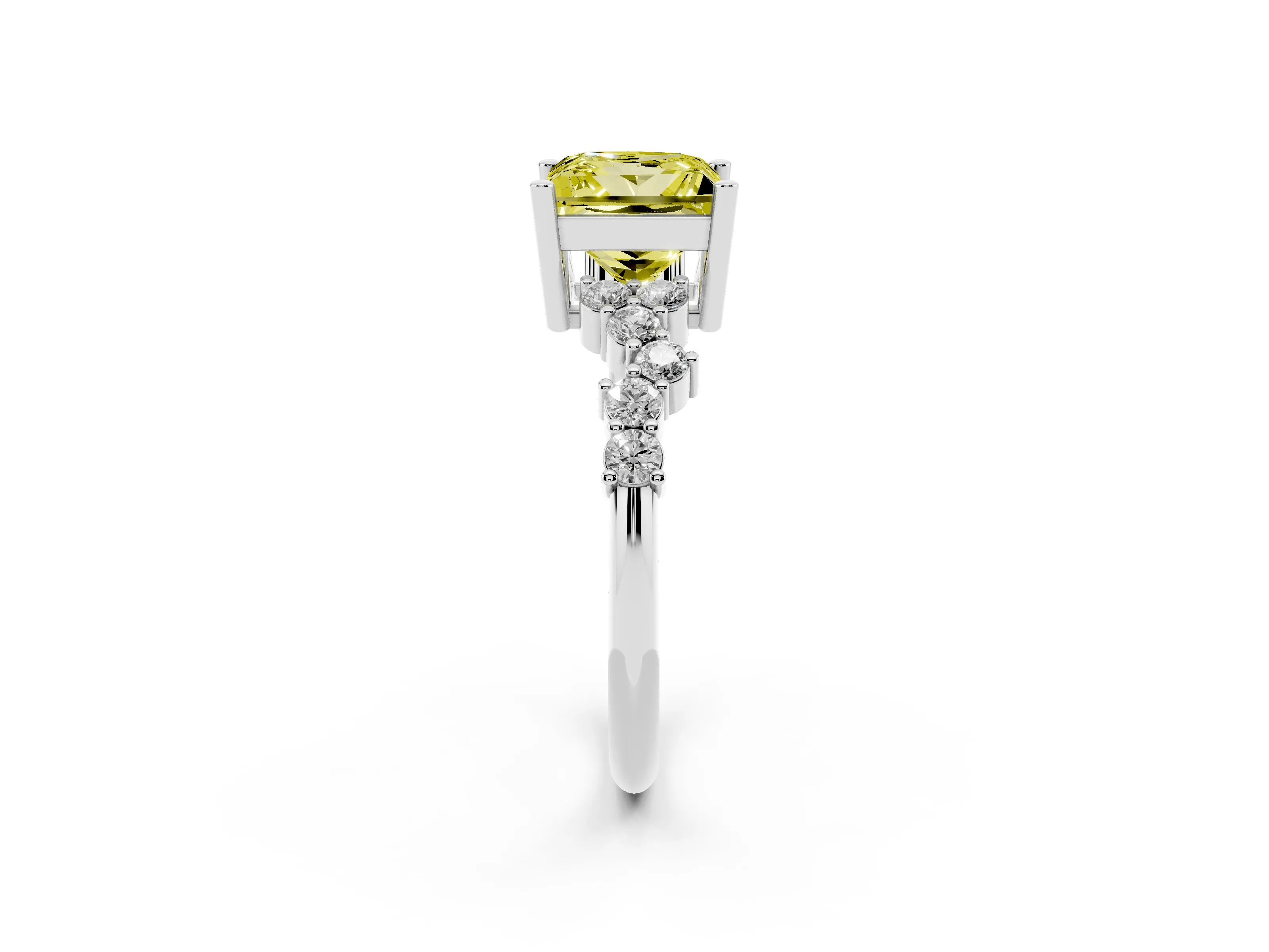Fancy Yellow Princess Cut Diamond Ring Set in White gold with Scattered Round Accents