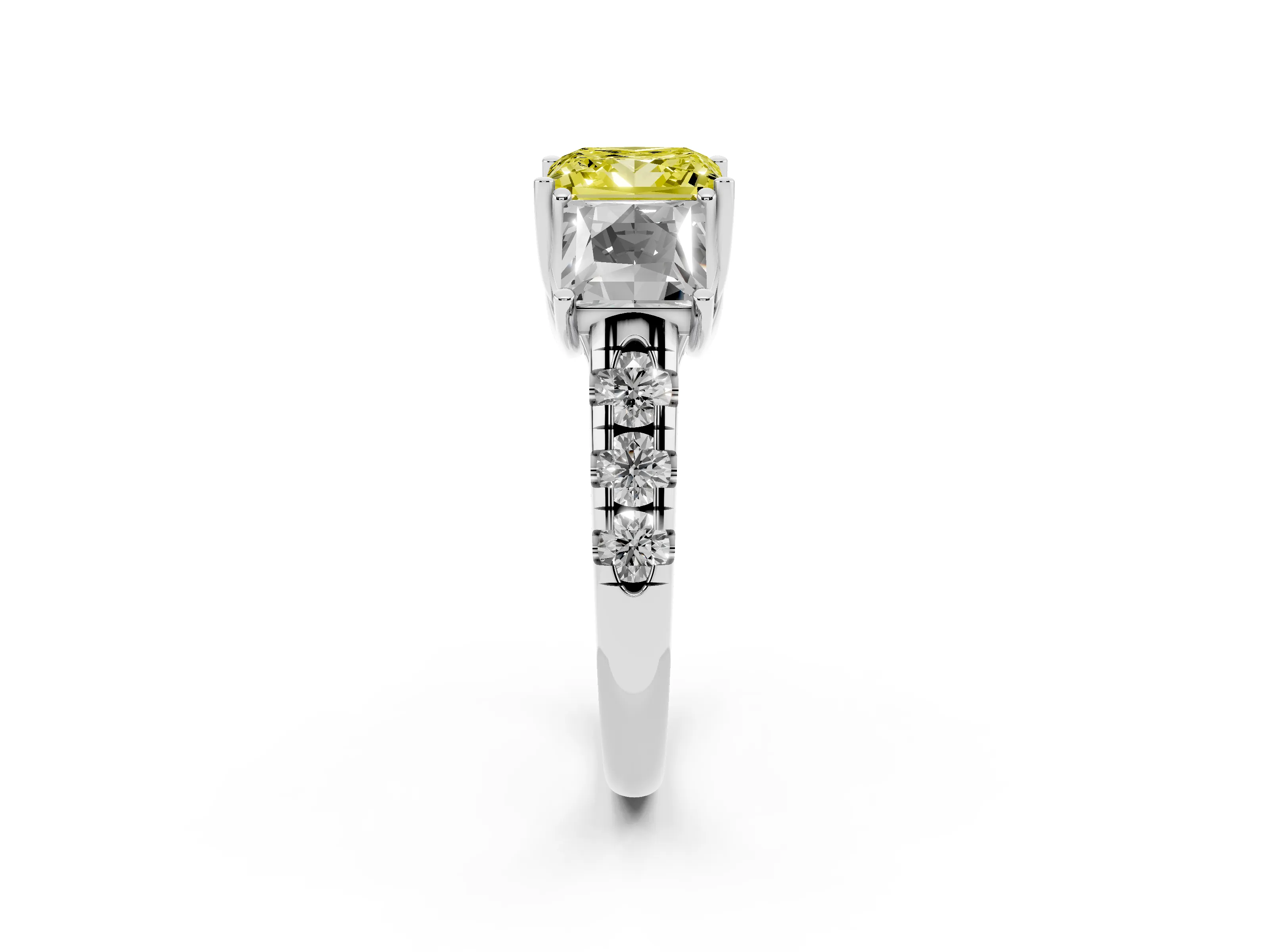 Fancy Yellow Princess Cut Diamond Three-Stone Ring Set in White gold with Pavé Band