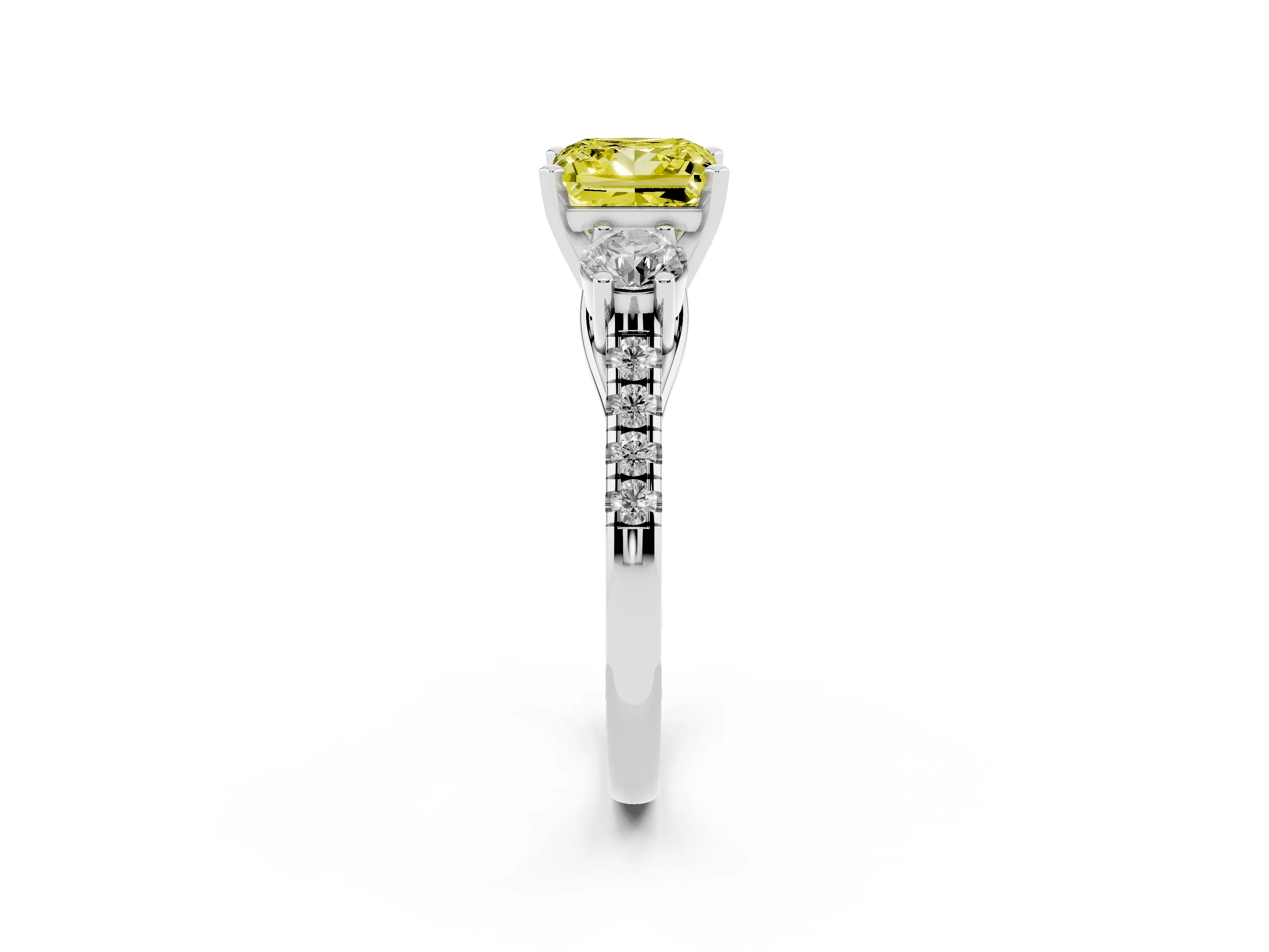 Fancy Yellow Three-Stone Princess Cut Diamond Pavé Band Ring Set in White gold with Prong-Set Trio