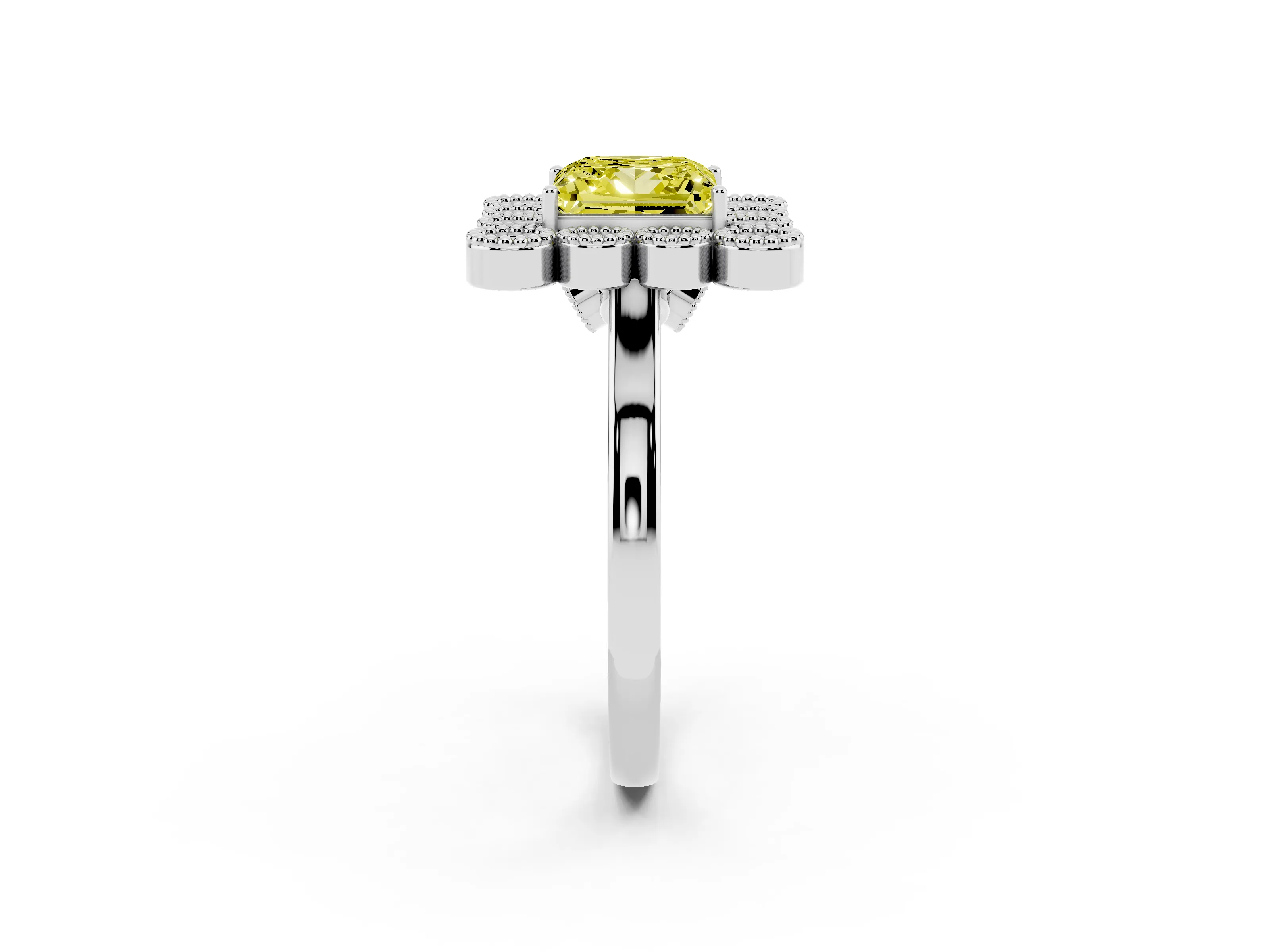Fancy Yellow Princess Cut Diamond Cluster Halo Ring Set in White gold with Milgrain Bezel Accents and Plain Band