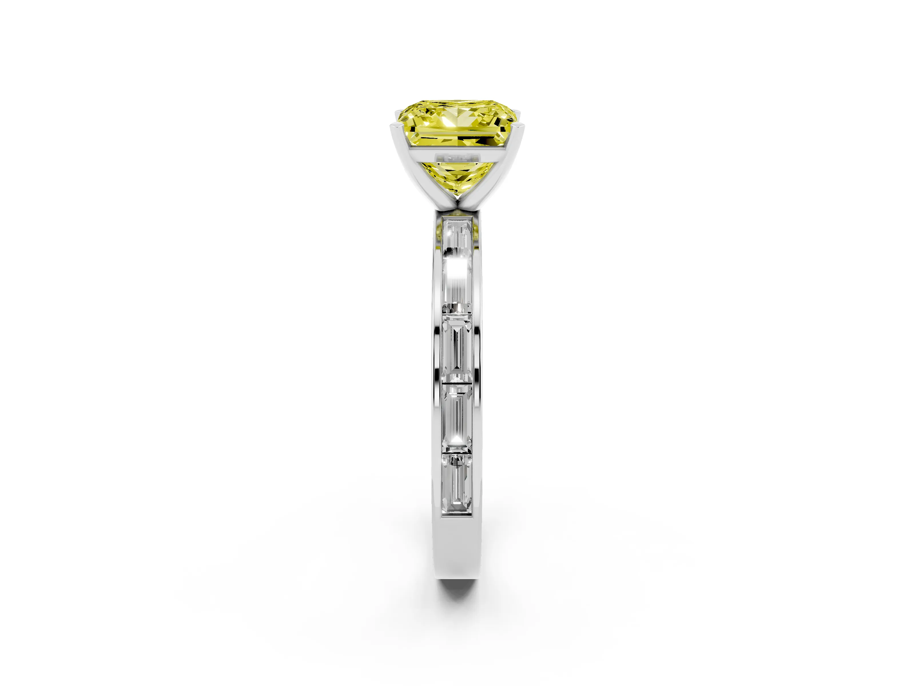 Fancy Yellow Princess Cut Diamond Solitaire Ring Set in Silver with Channel-Set Baguette Band and Prong Setting