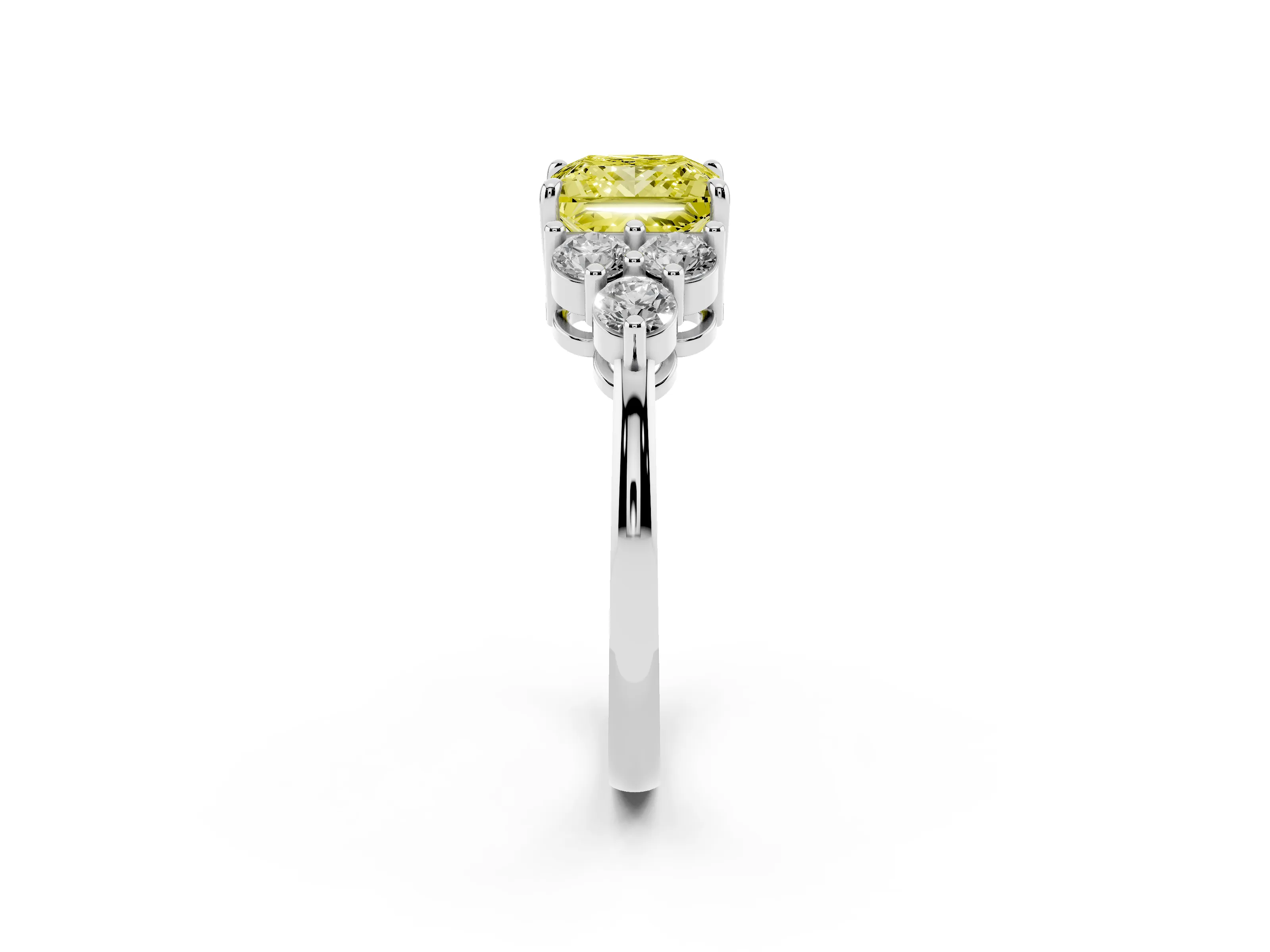 Fancy Yellow Princess Cut Diamond Solitaire Ring Set in Silver with Cluster Accents on Each Side