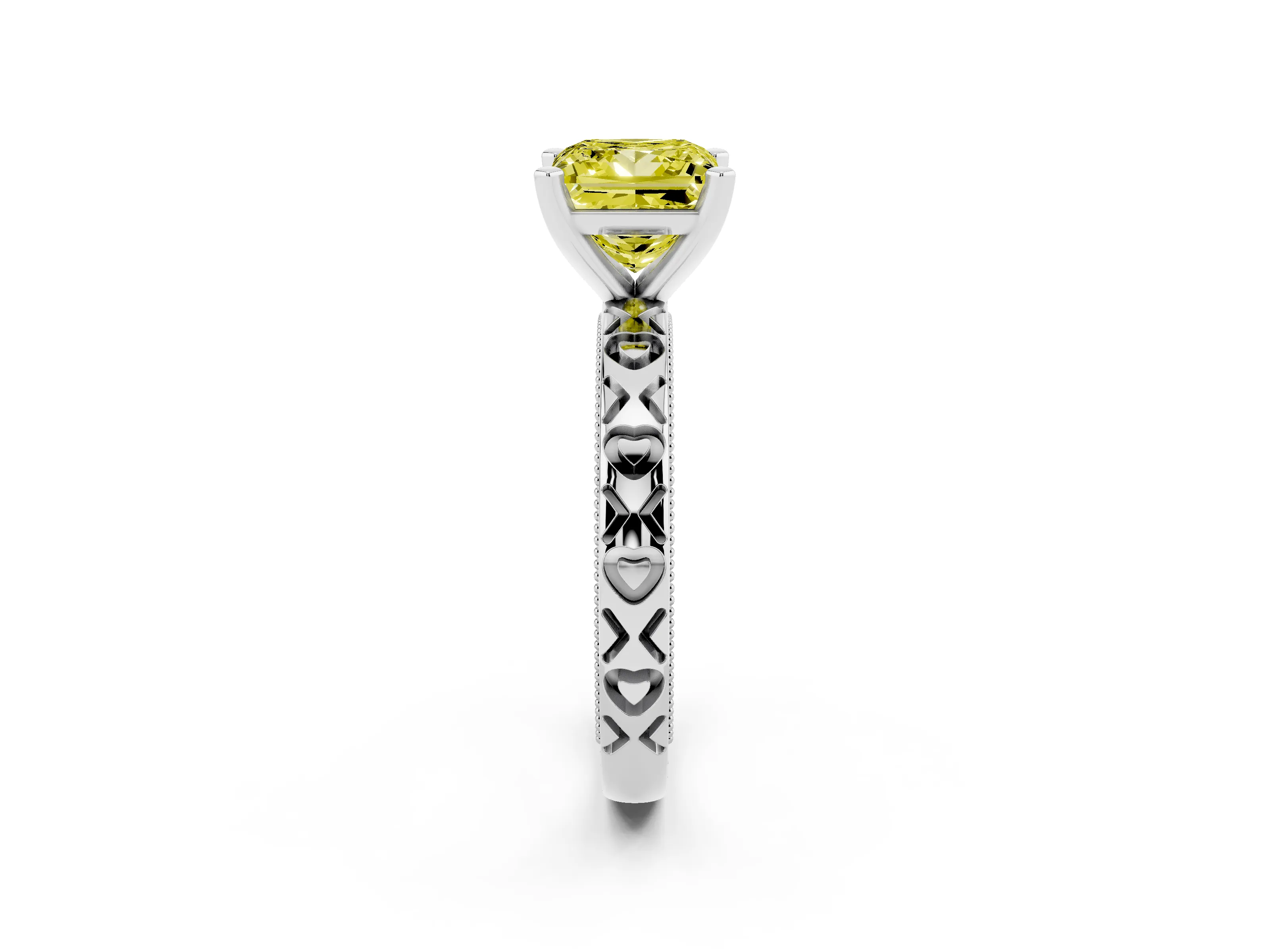 Fancy Yellow Princess Cut Diamond Solitaire Engagement Ring Set in Platinum with XO Engraved Band and Prong Setting