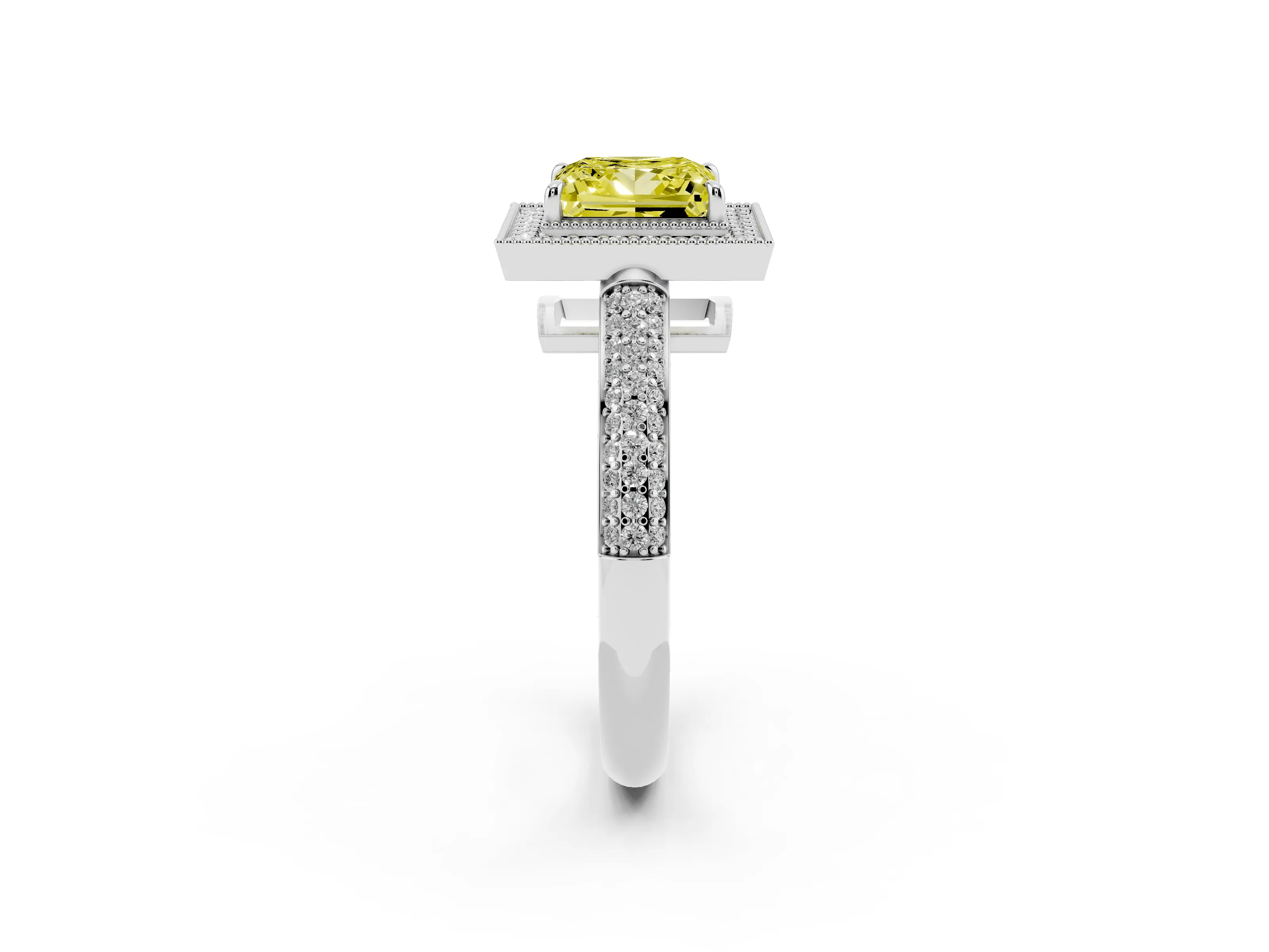 Fancy Yellow Princess Cut Diamond Halo Pavé Band Set in Platinum with Prong Setting