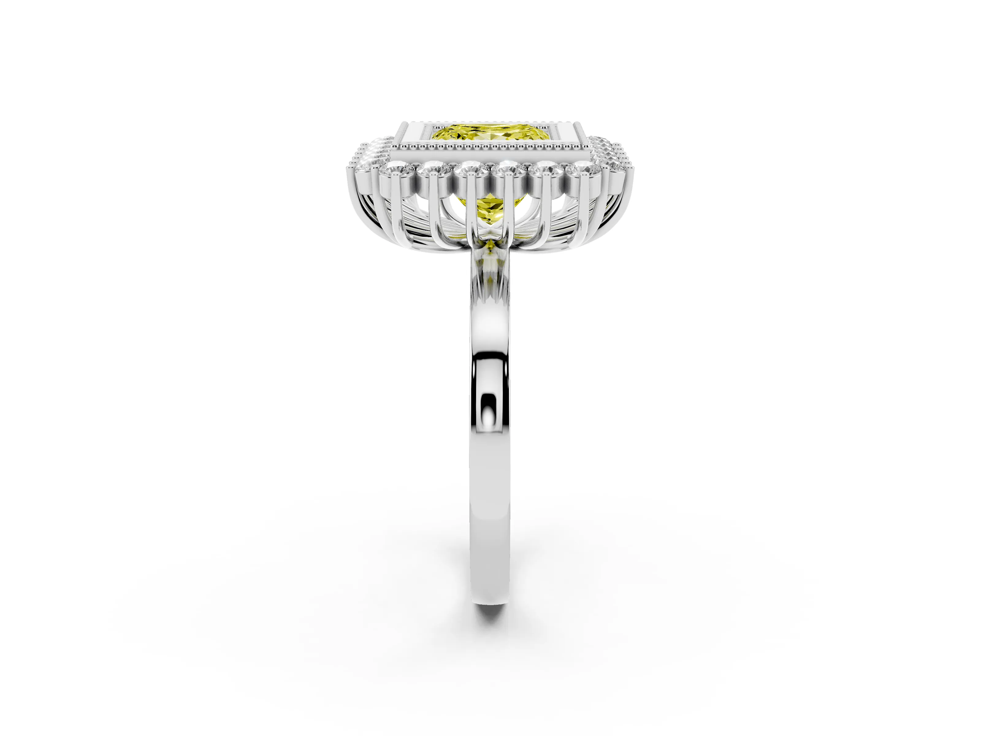 Fancy Yellow Princess Cut Diamond Halo Ring Set in Platinum with Milgrain Edge and Round Prong Setting