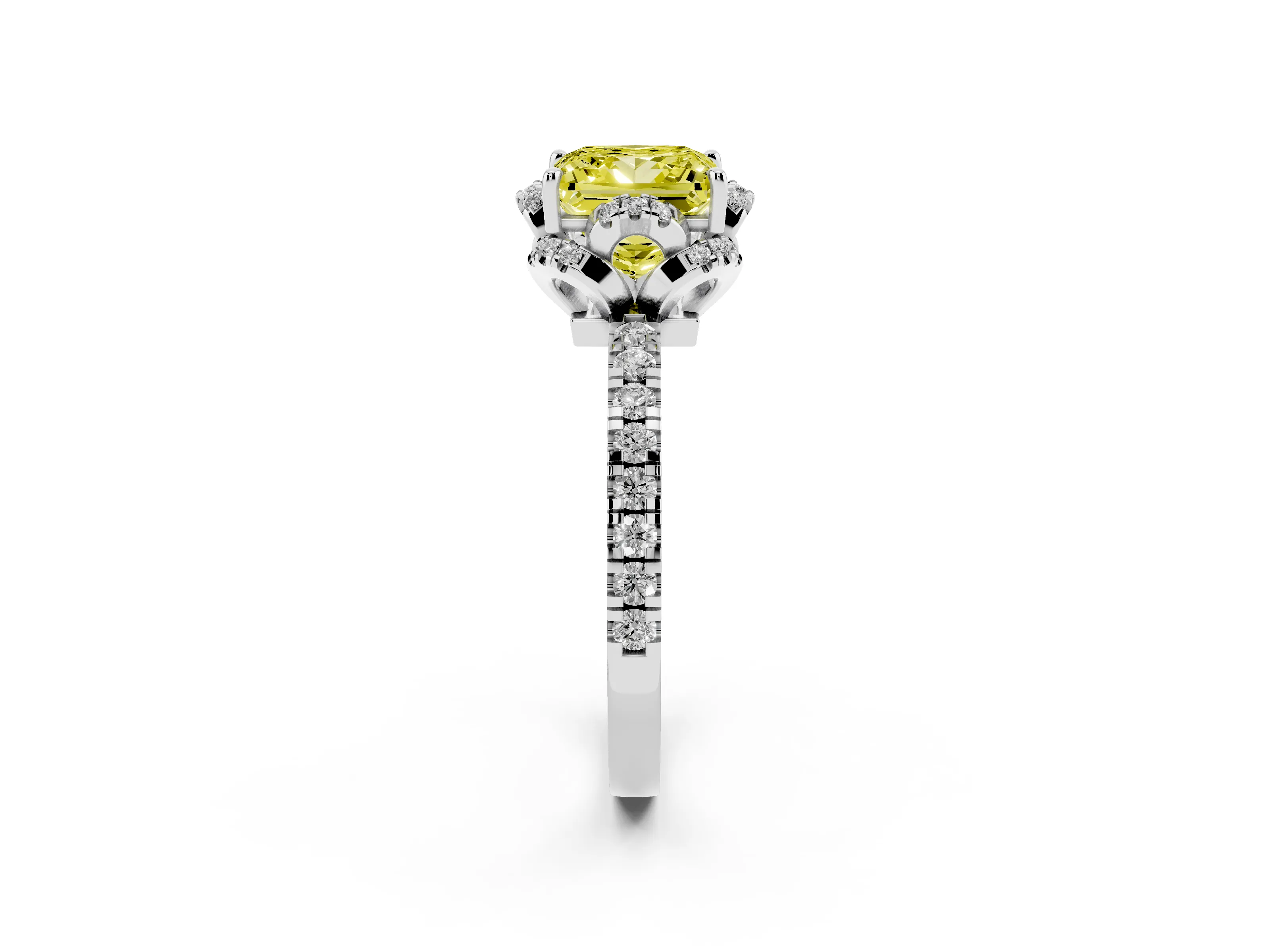 Fancy Yellow Princess Cut Diamond Halo Pavé Band Ring Set in White gold with Prong-Held Center