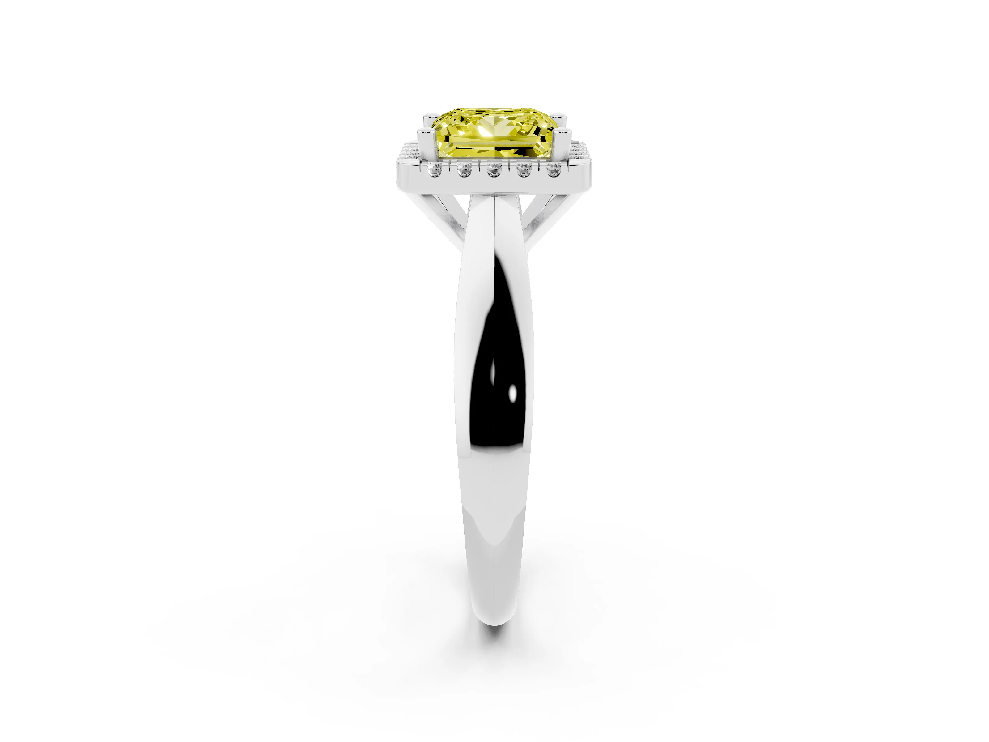 Fancy Yellow Princess Cut Diamond Halo Solitaire Engagement Ring Set in White gold with Square Band and Prong Setting