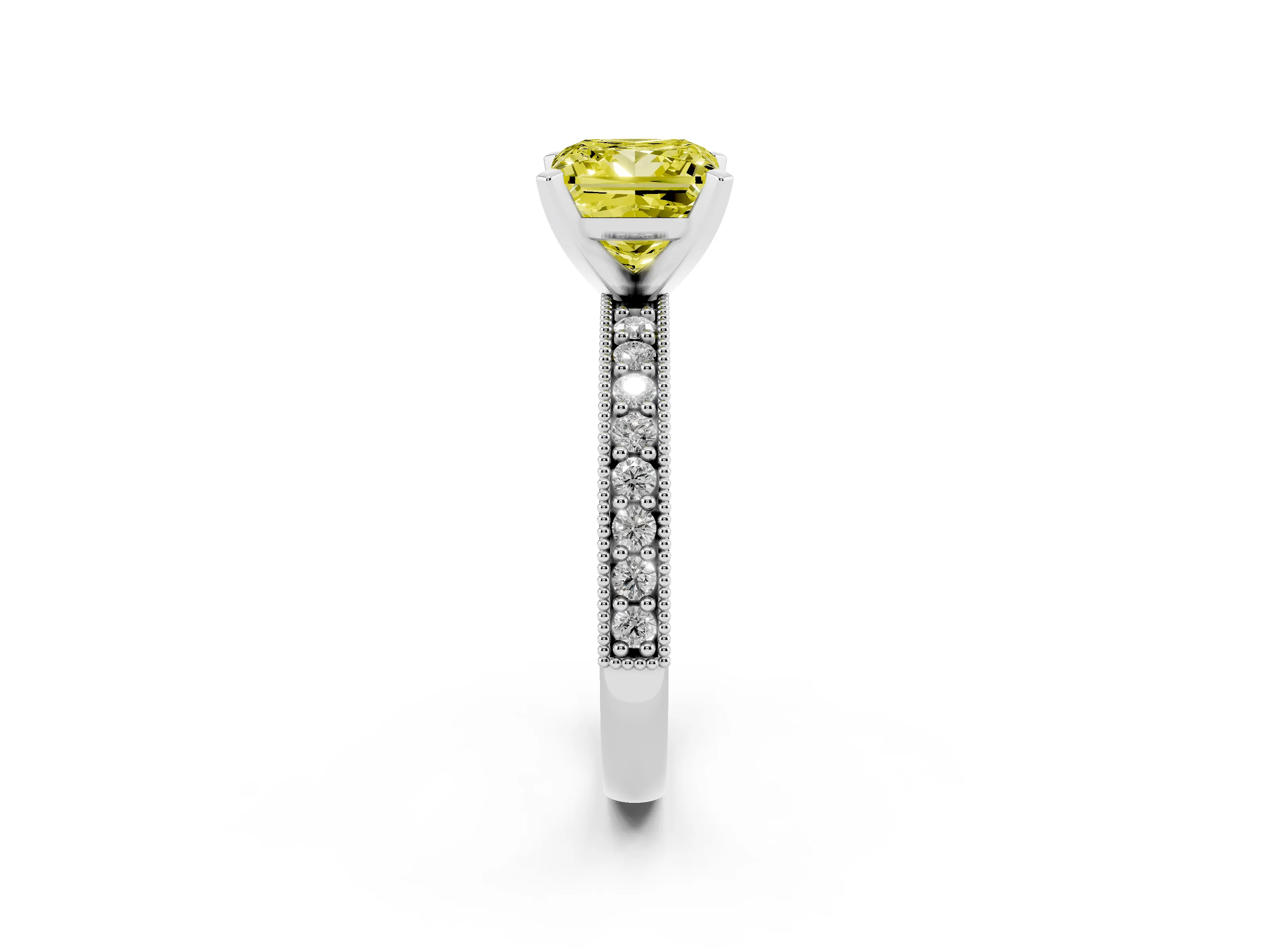 Fancy Yellow Princess Cut Diamond Milgrain Pavé Engagement Ring Set in Silver with Prong Setting