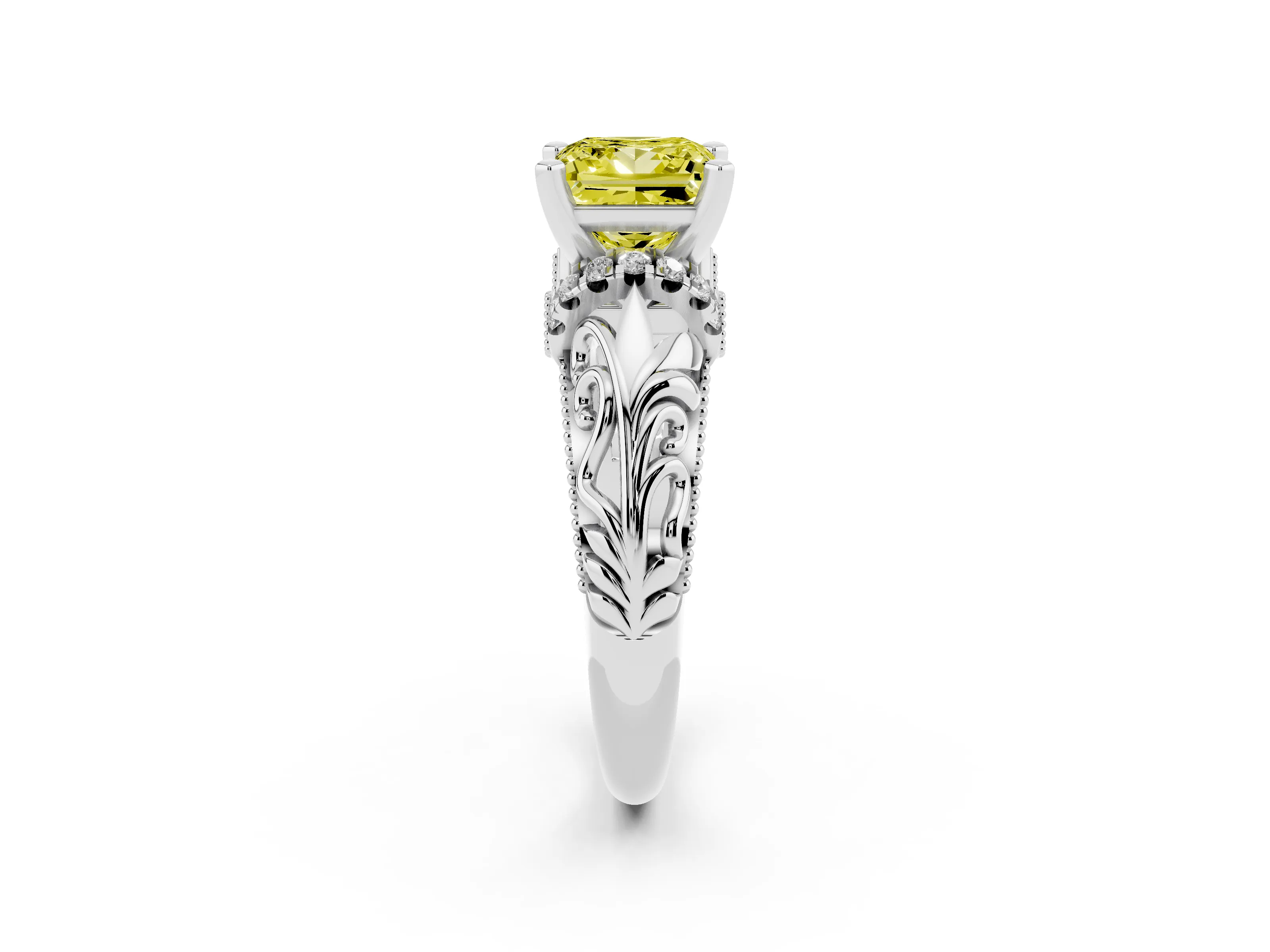 Fancy Yellow Princess Cut Diamond Filigree Halo Engagement Ring Set in White gold with Prong Setting