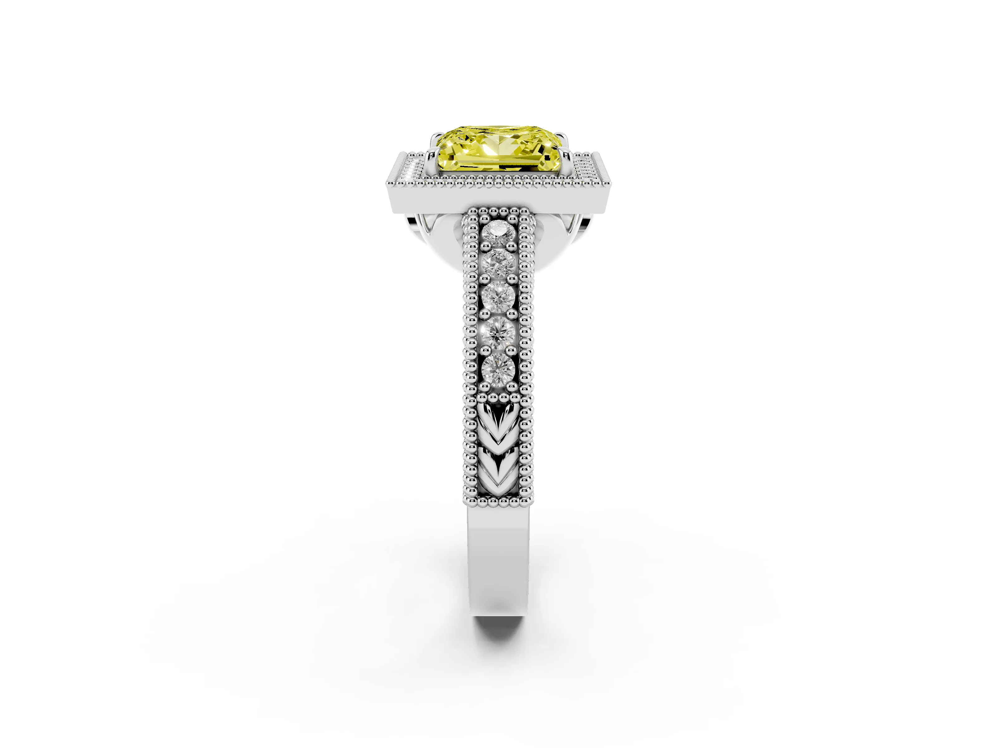 Fancy Yellow Princess Cut Diamond Halo Ring Set in White gold with Round Accent Halo, Pavé Band and Prong Setting