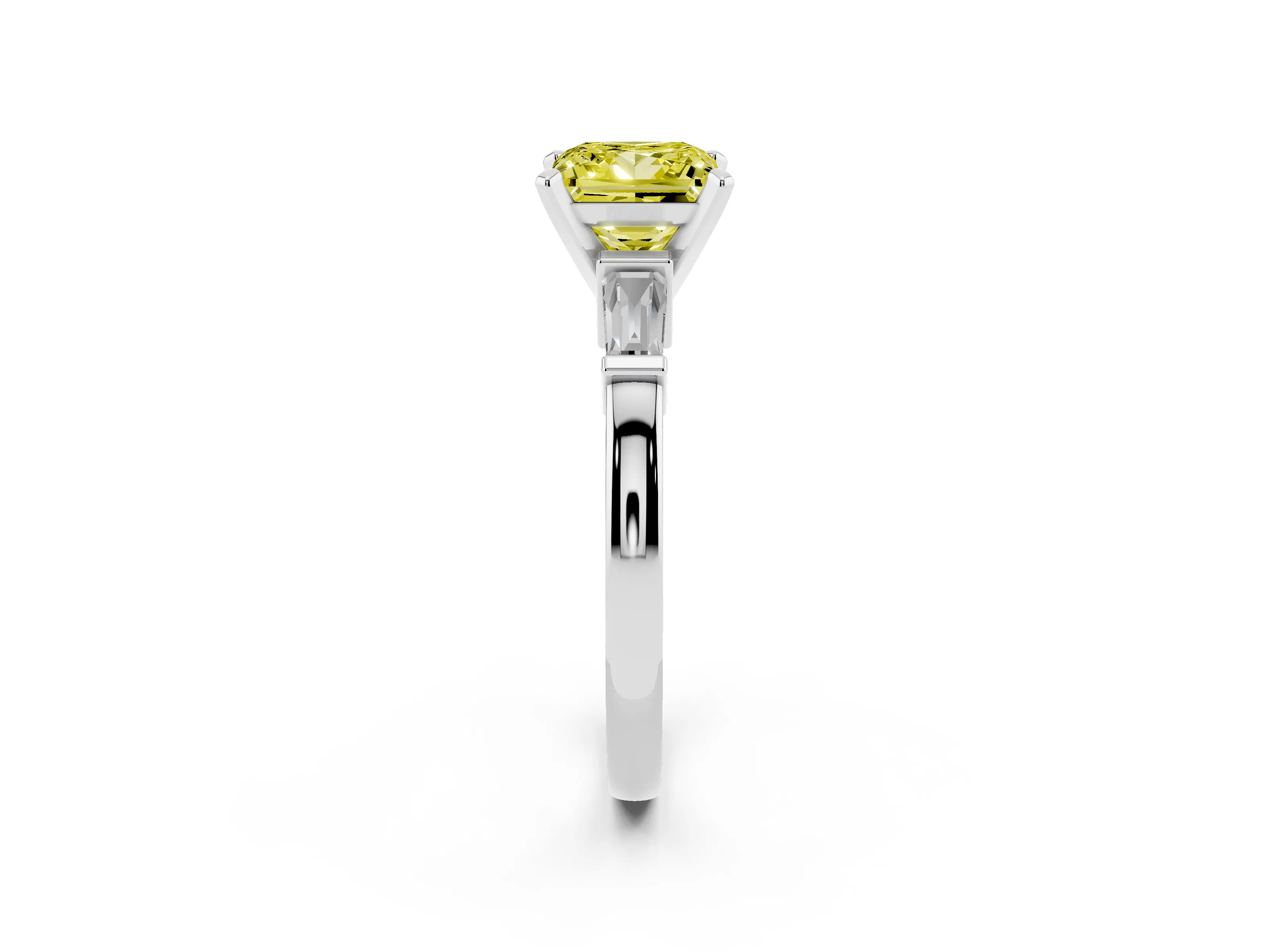 Fancy Yellow Princess Cut Diamond Solitaire Ring Set in White gold with Tapered Baguette Accents and Prong Setting