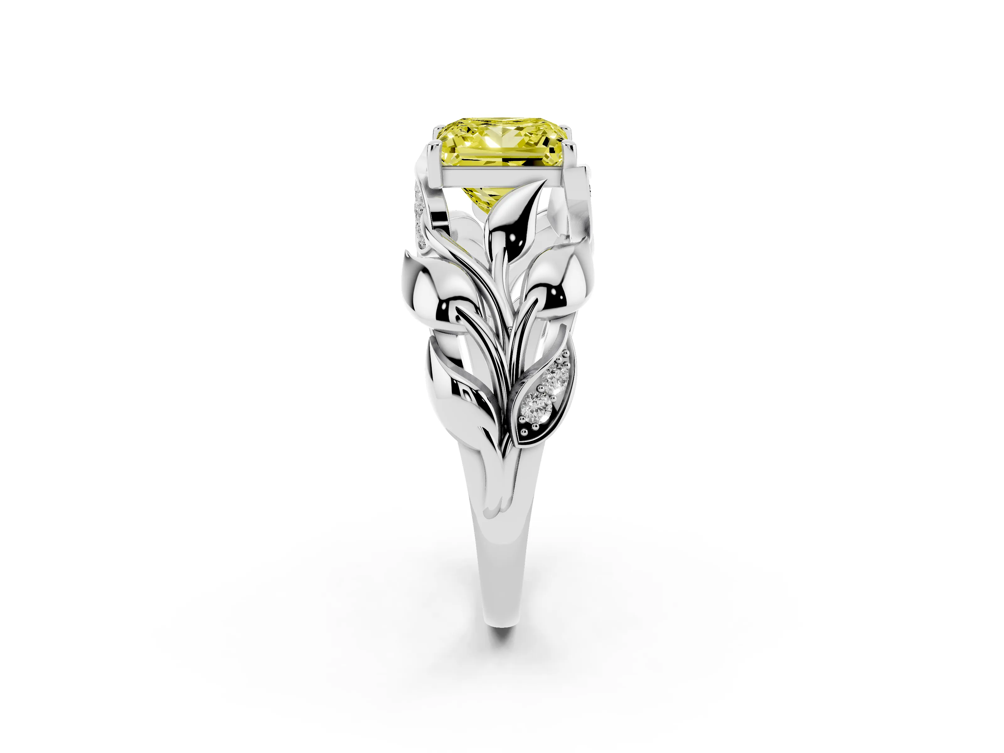 Fancy Yellow Princess Cut Diamond Leaf-Inspired Engagement Ring Set in White gold with Round Accents