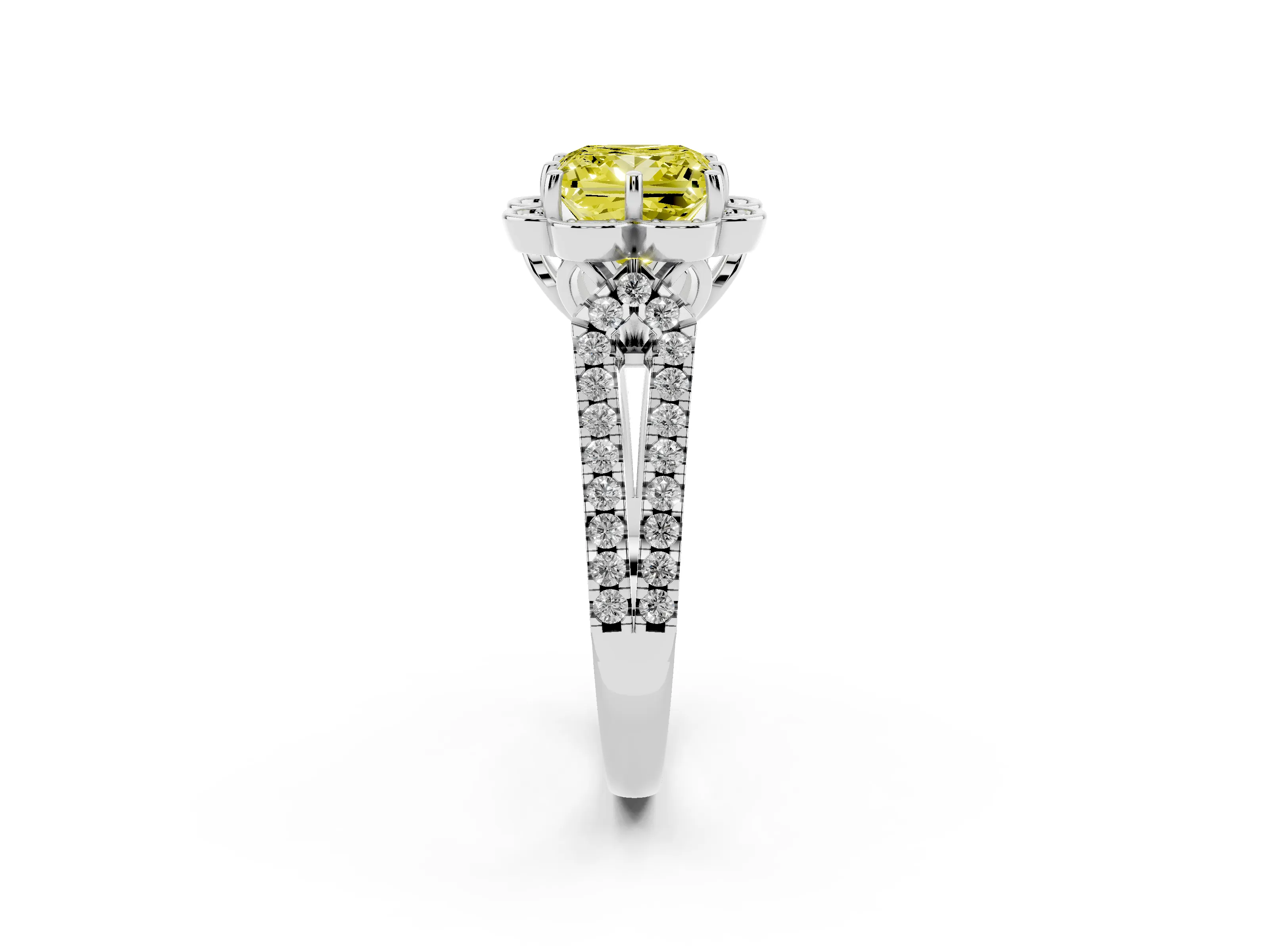 Fancy Yellow Princess Cut Diamond Floral Halo Split Shank Engagement Ring Set in Platinum with Pavé Shank