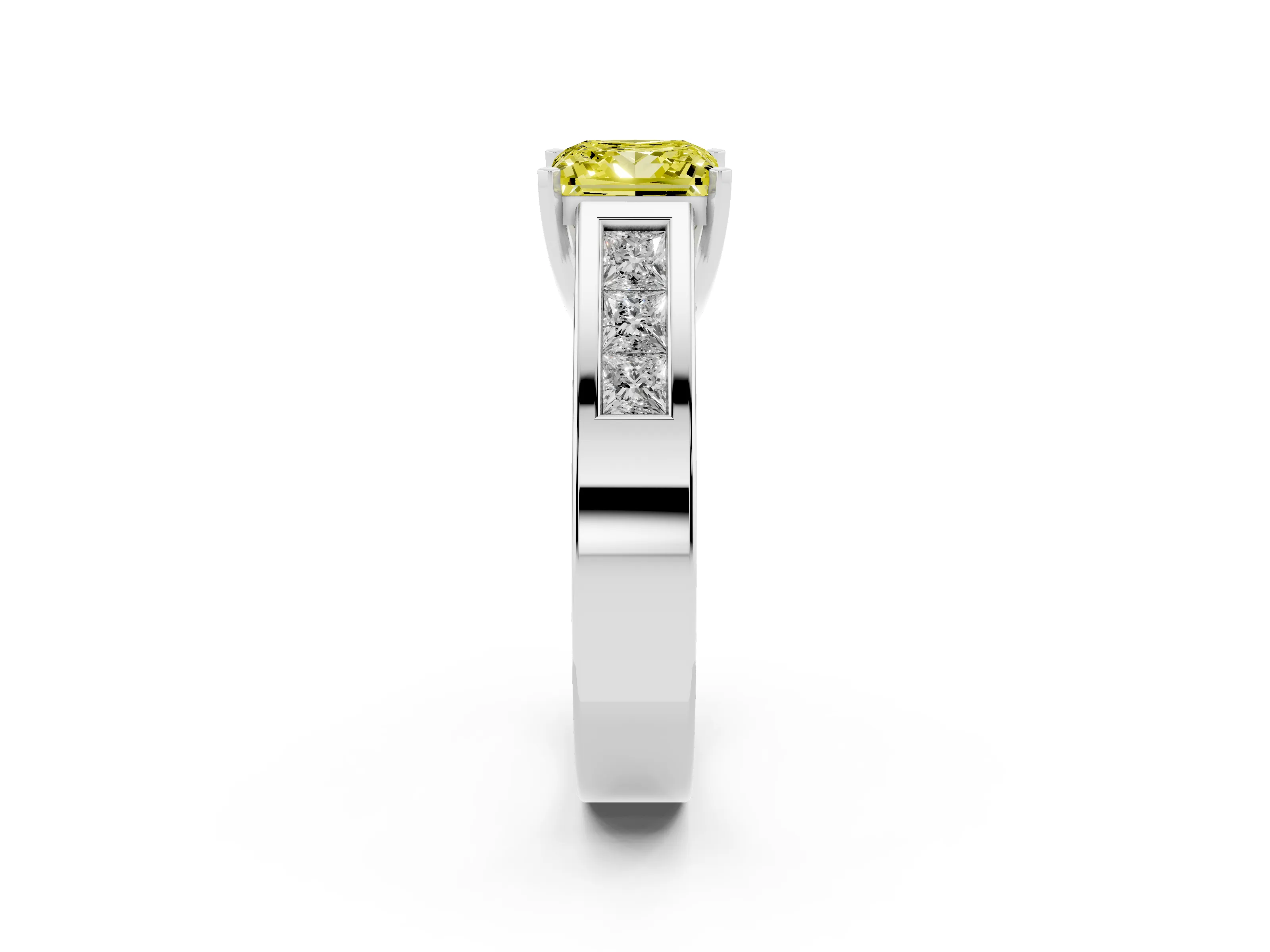 Fancy Yellow Princess Cut Diamond Solitaire Ring Set in Silver with Channel-Set Accent Stones and Prong Setting