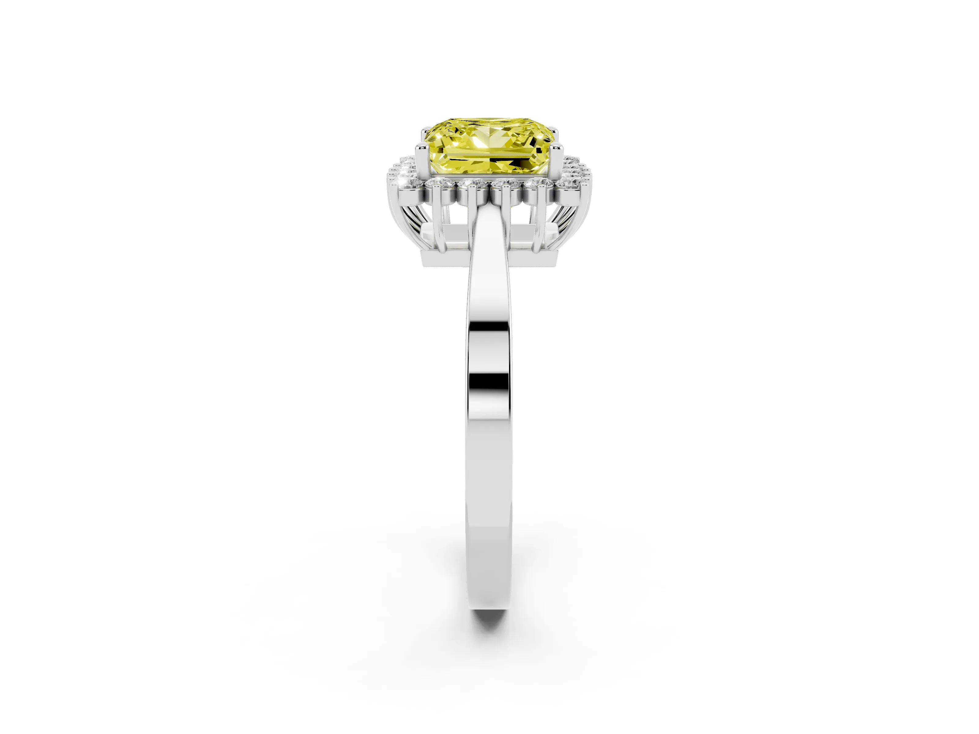 Fancy Yellow Princess Cut Diamond Halo Ring Set in White gold with Round Halo and Smooth Solitaire Band