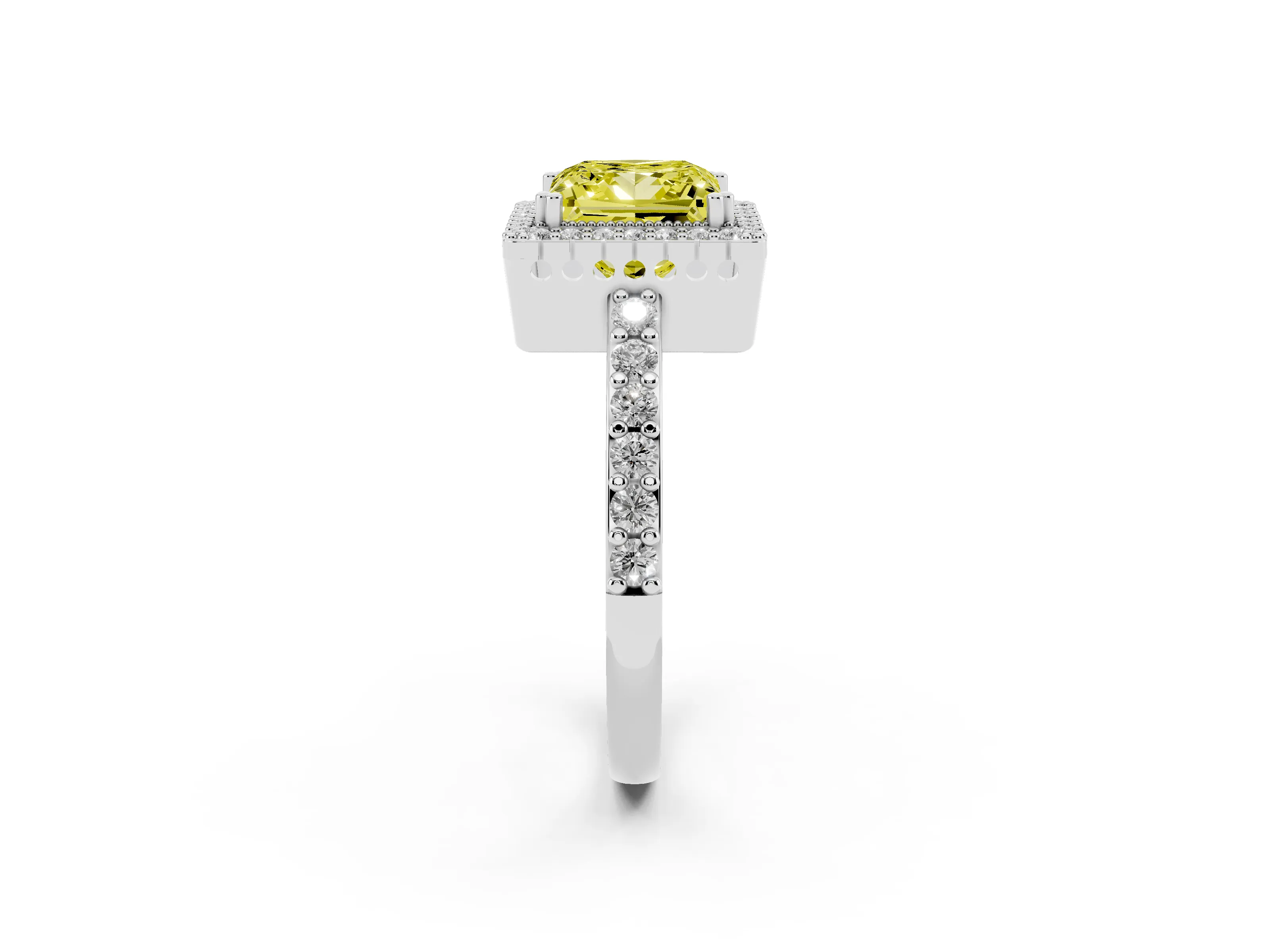 Fancy Yellow Princess Cut Diamond Halo Engagement Ring Set in White gold with Milgrain Detail and Pavé Band