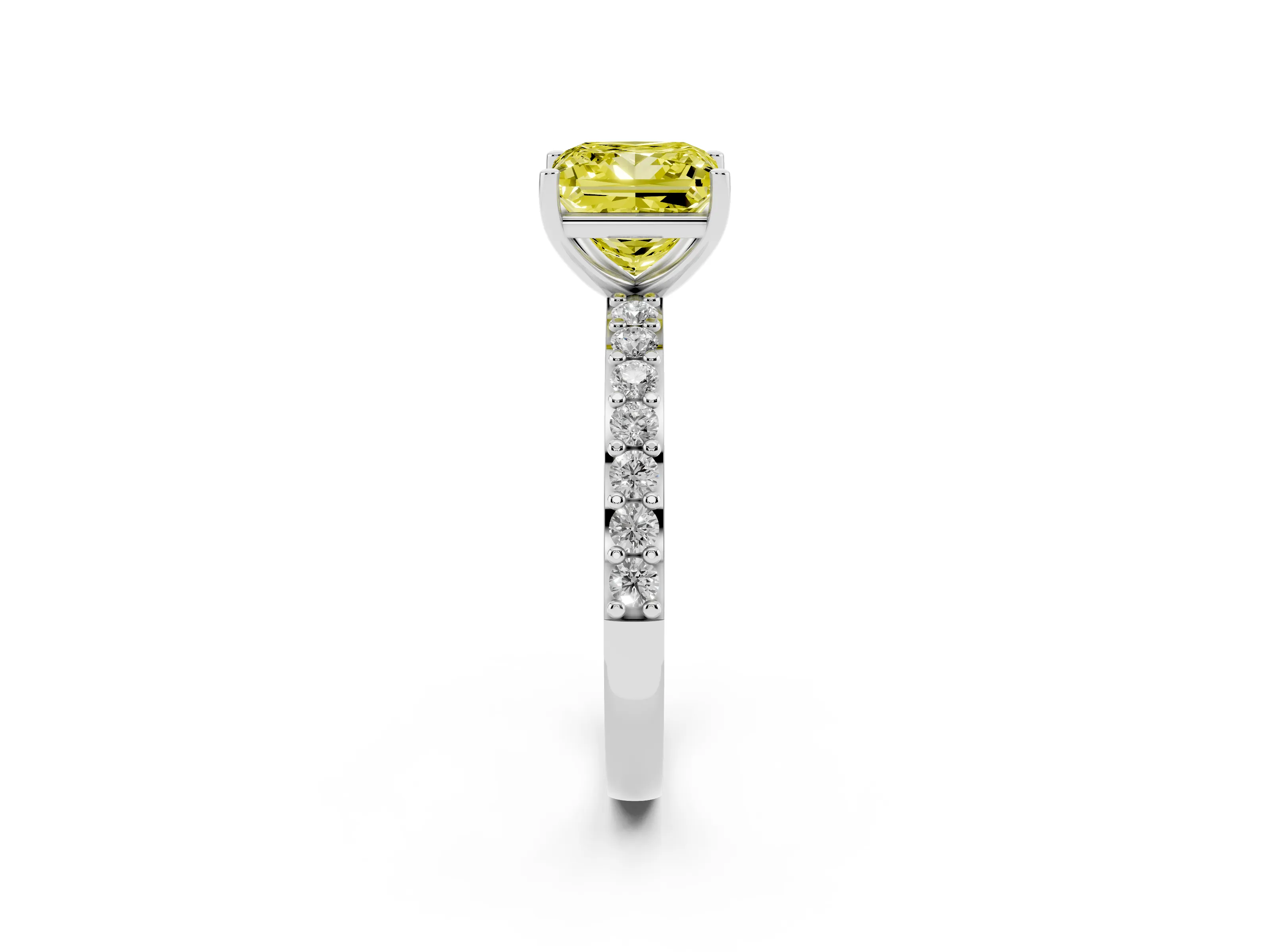 Fancy Yellow Princess Cut Diamond Solitaire Set in White gold with Round Pavé Band and Prong Setting