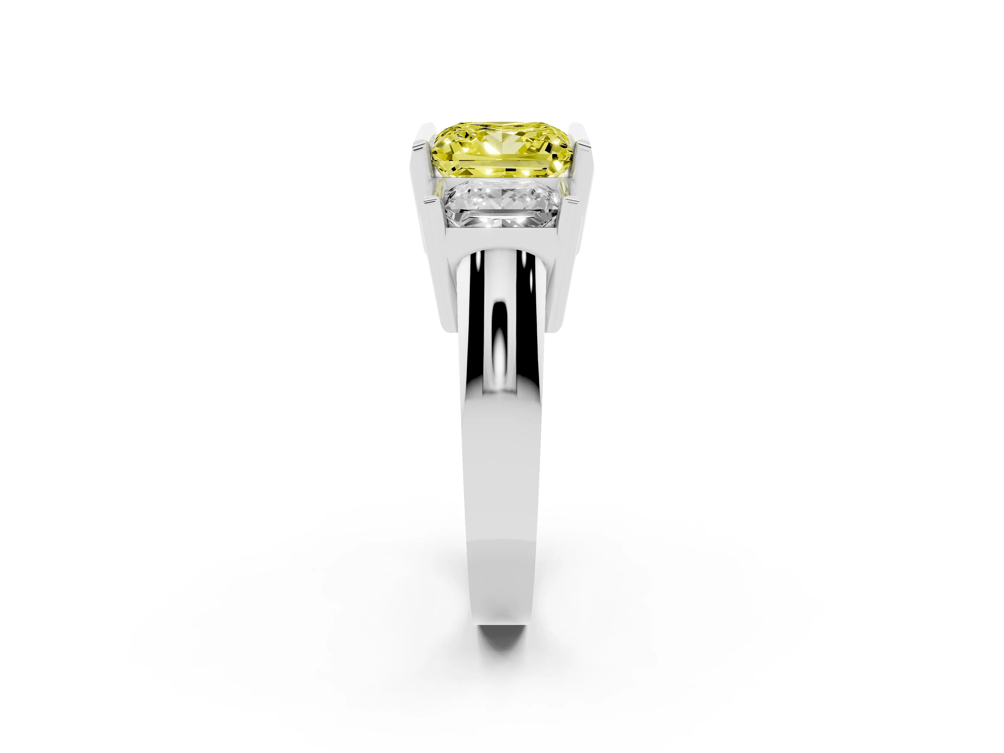 Fancy Yellow Princess Cut Diamond Three-Stone Channel Set Ring Set in Platinum with Smooth Polished Band