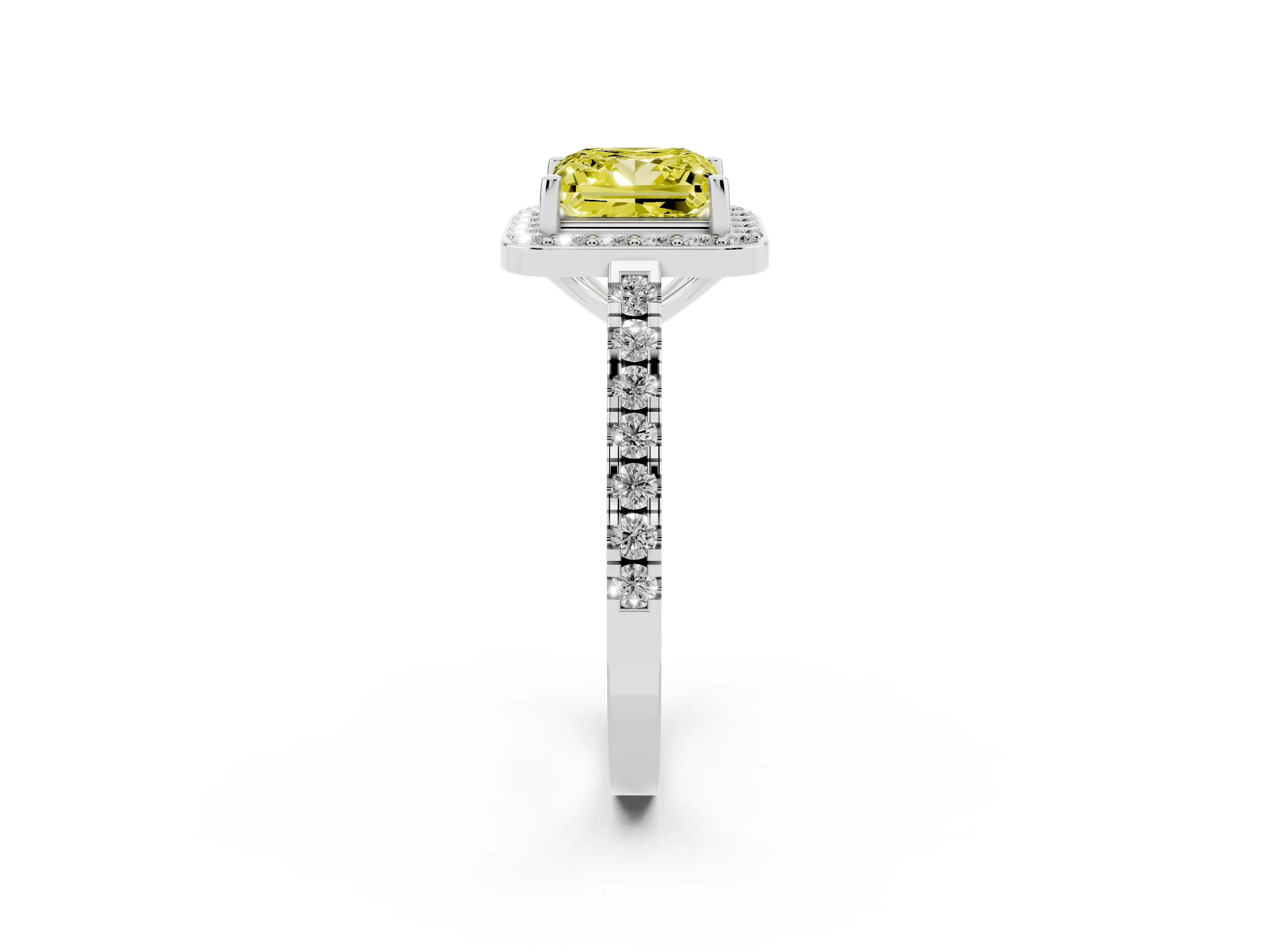 Fancy Yellow Princess Cut Diamond Halo Ring Set in White gold with Round Pavé Split Shank and Prong Setting