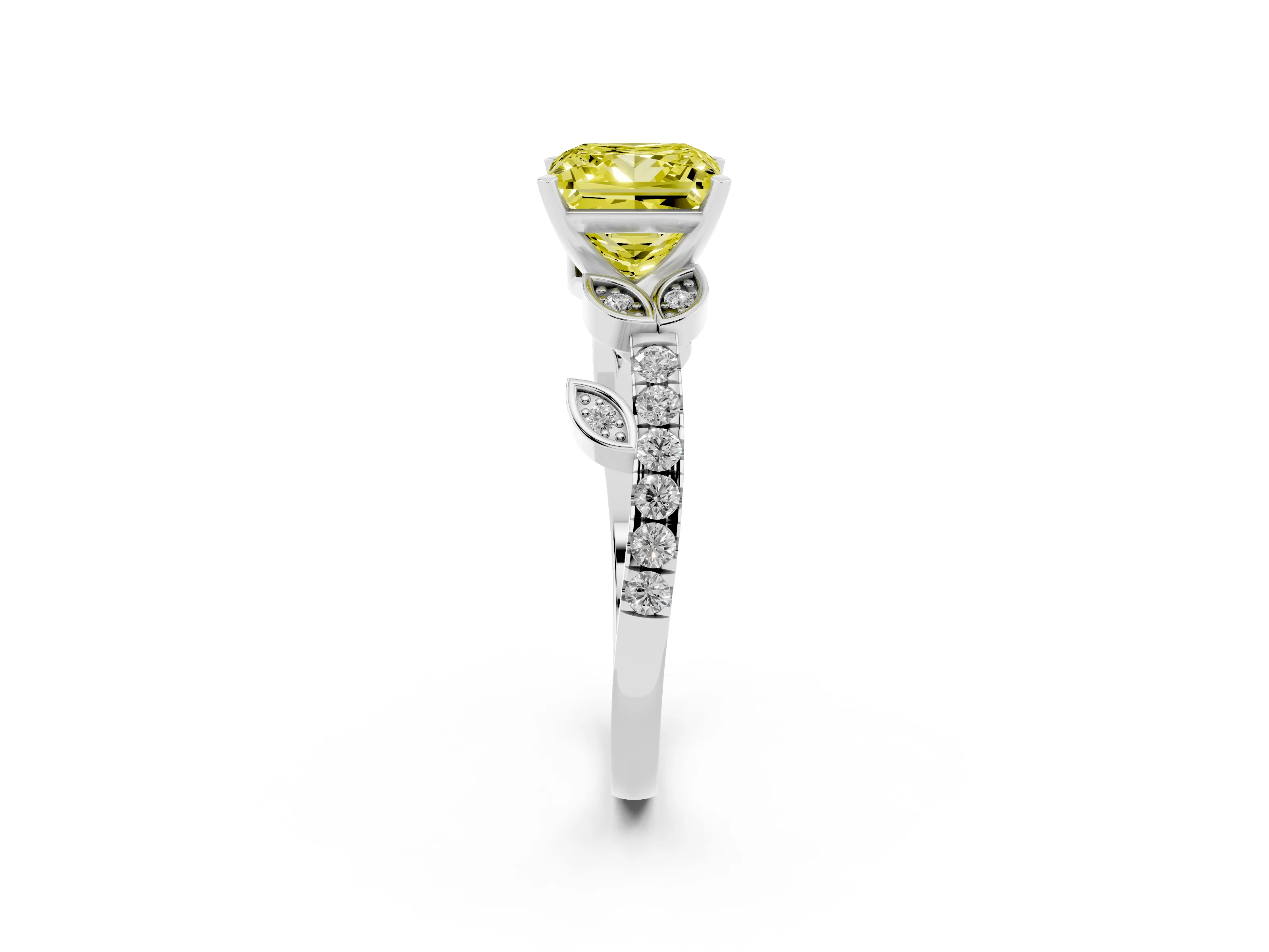 Fancy Yellow Princess Cut Diamond Solitaire Leaf-Inspired Ring Set in White gold with Pavé Band and Prong Setting