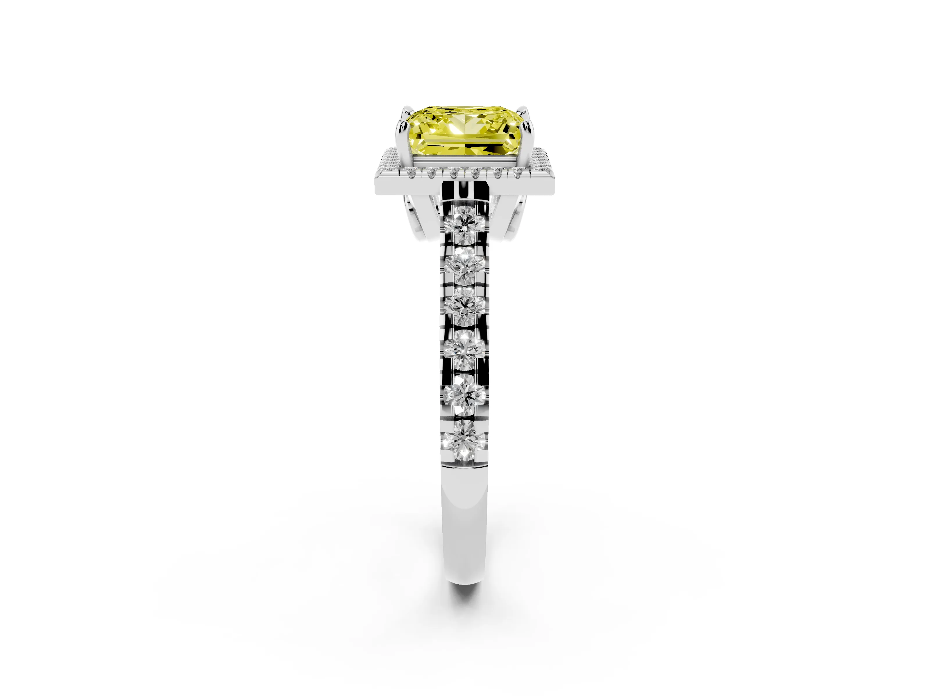 Fancy Yellow Princess Cut Diamond Halo Engagement Ring Set in Platinum with Pavé Band and Prong-Set Center