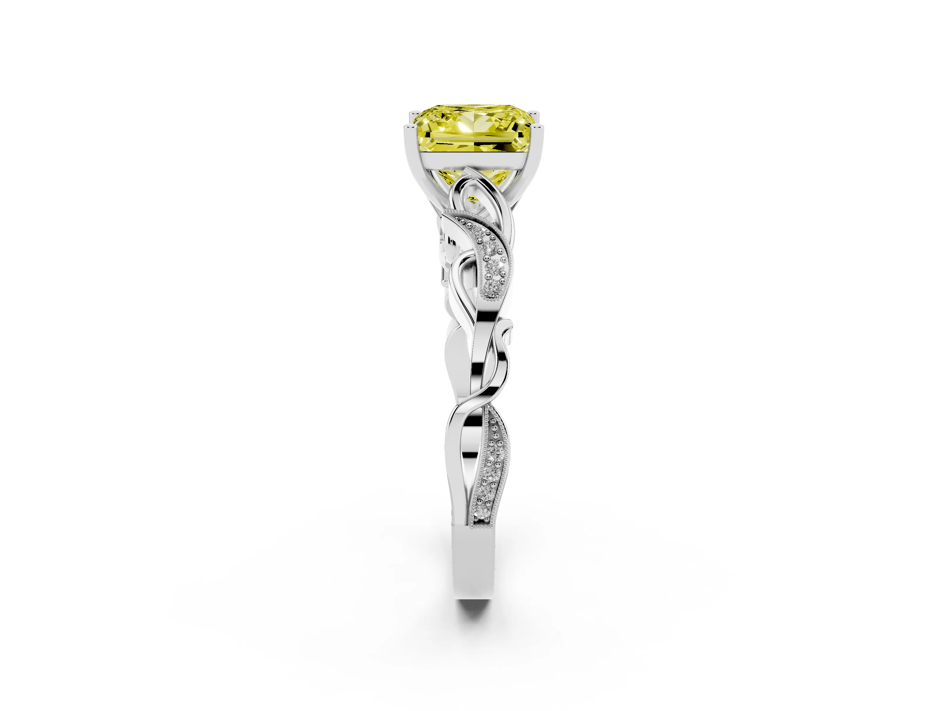 Fancy Yellow Princess Cut Diamond Vine Band Solitaire Ring Set in White gold with Milgrain Prong Setting