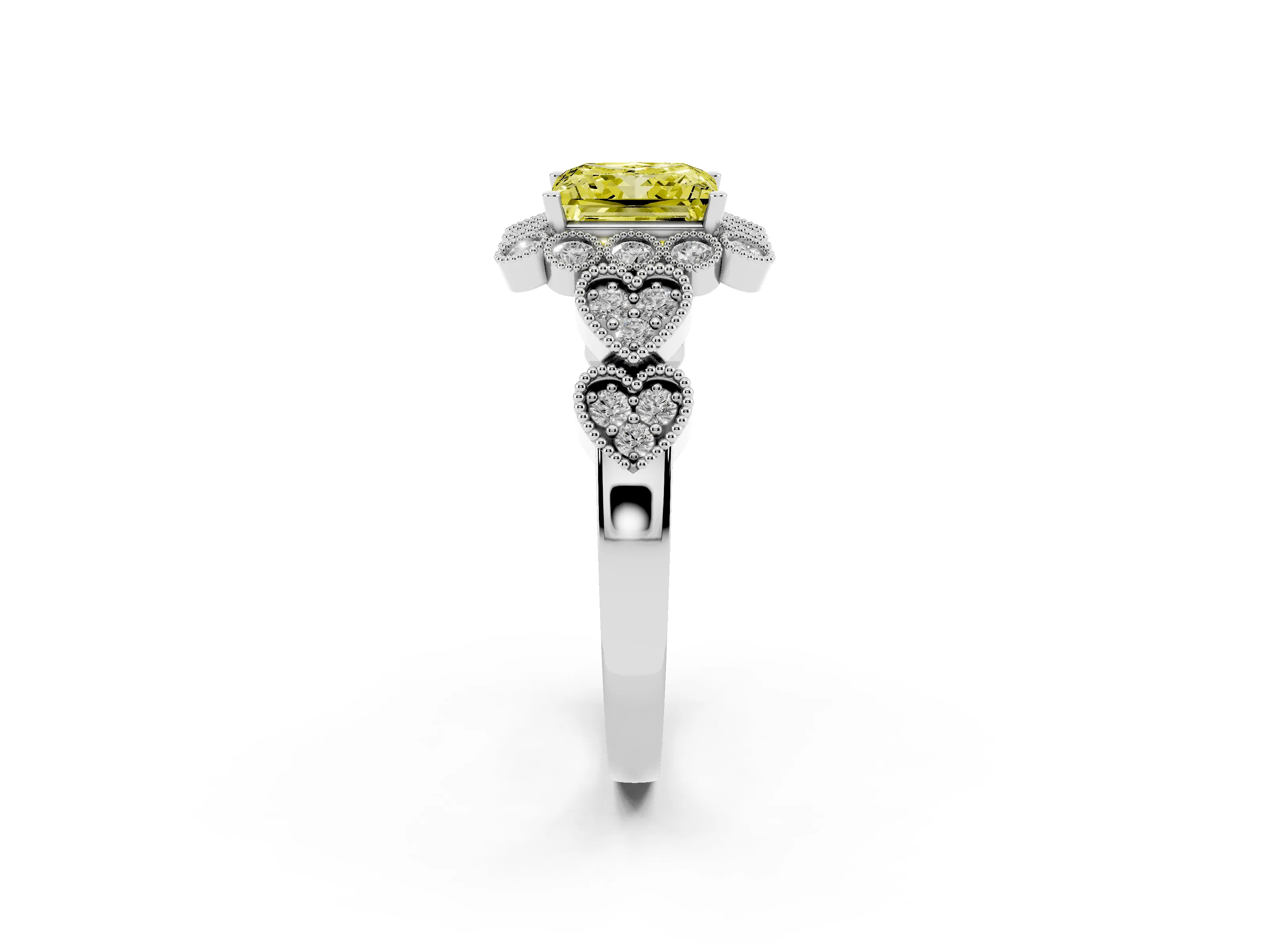 Fancy Yellow Princess Cut Diamond Solitaire Ring Set in Silver with Milgrain Pavé Heart Band
