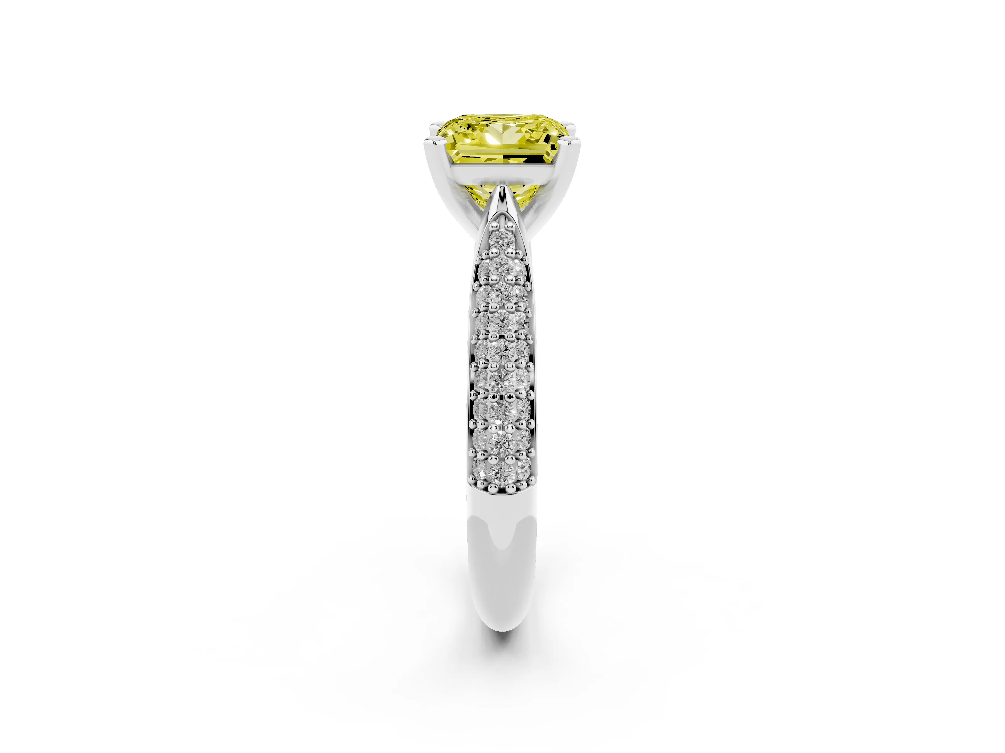 Fancy Yellow Princess Cut Diamond Solitaire Engagement Ring Set in Platinum with Multi-Row Round Pavé Band and Prong Setting