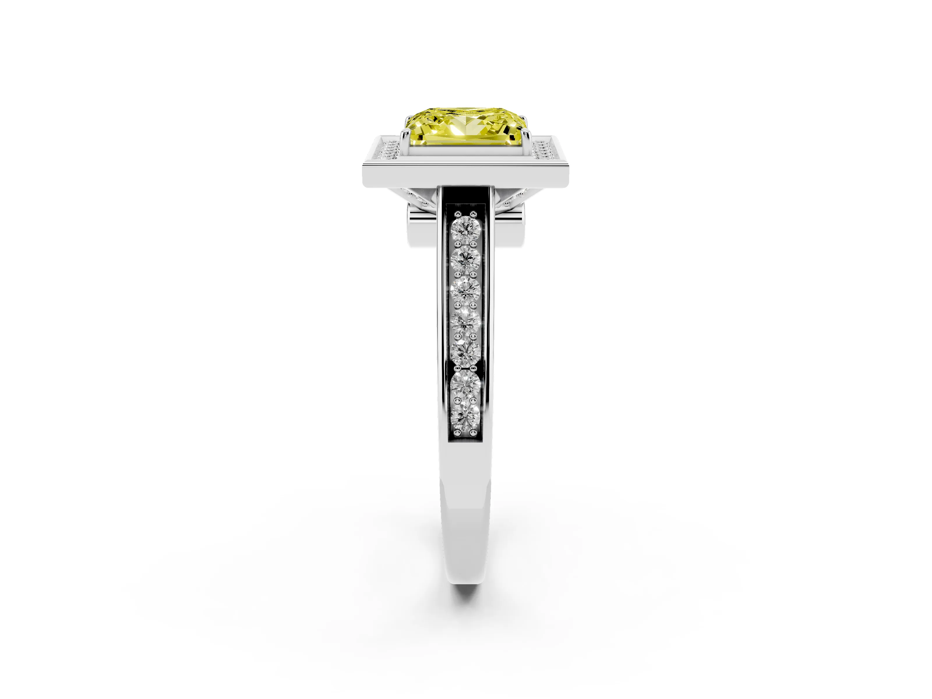 Fancy Yellow Princess Cut Diamond Halo Solitaire Ring Set in Platinum with Pavé Band and Bezel Setting