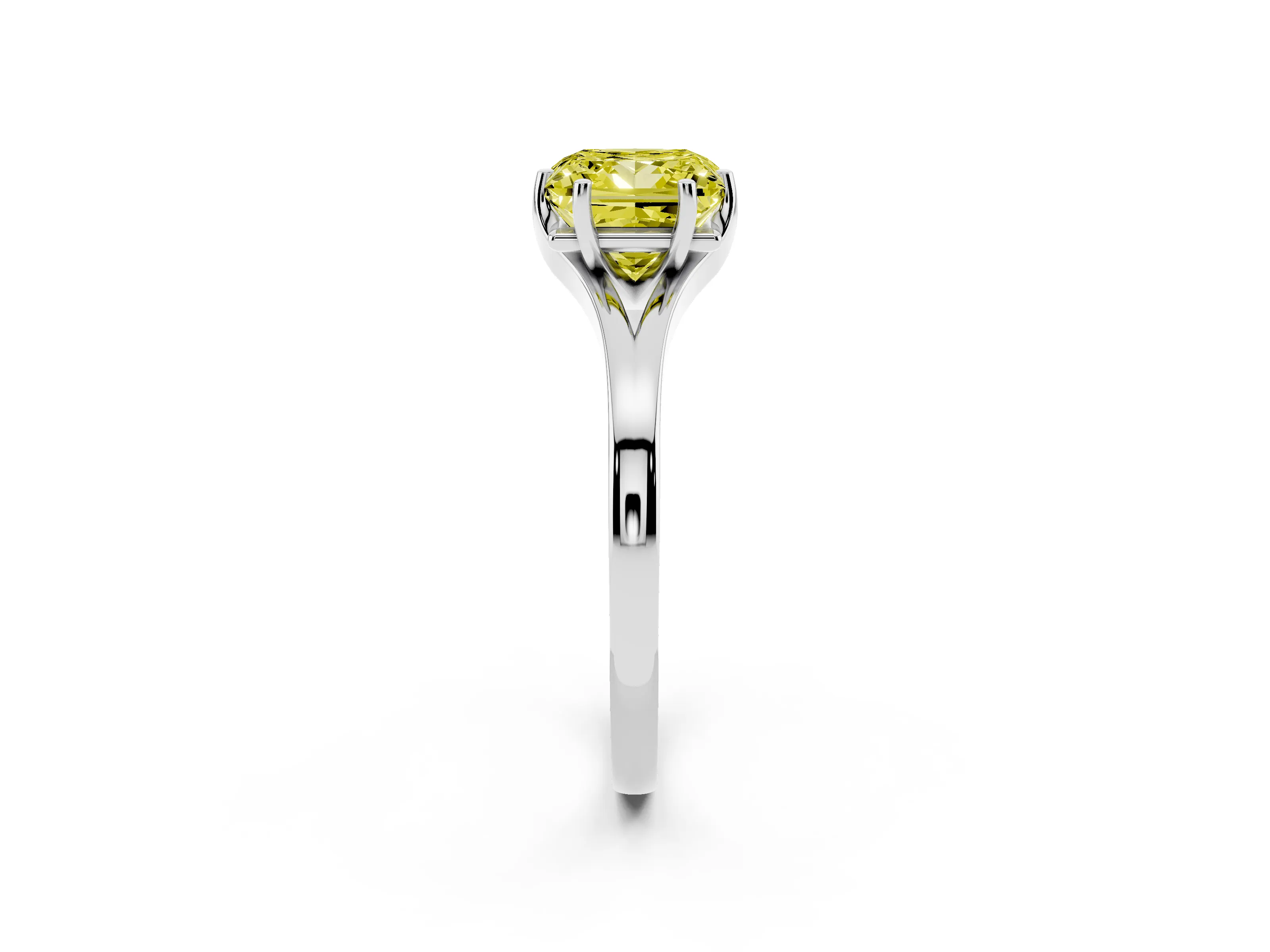Fancy Yellow Princess Cut Diamond Solitaire Ring Set in White gold with Polished Tapered Band and Prong Setting