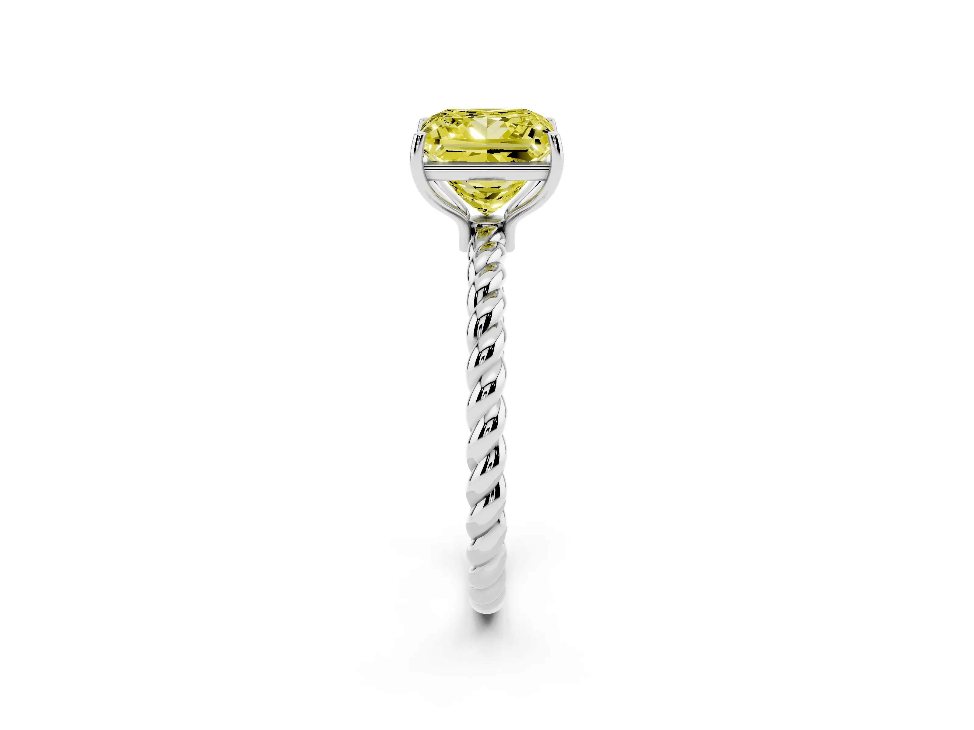 Fancy Yellow Princess Cut Diamond Solitaire Ring Set in White gold with Twist Band and Prong Setting