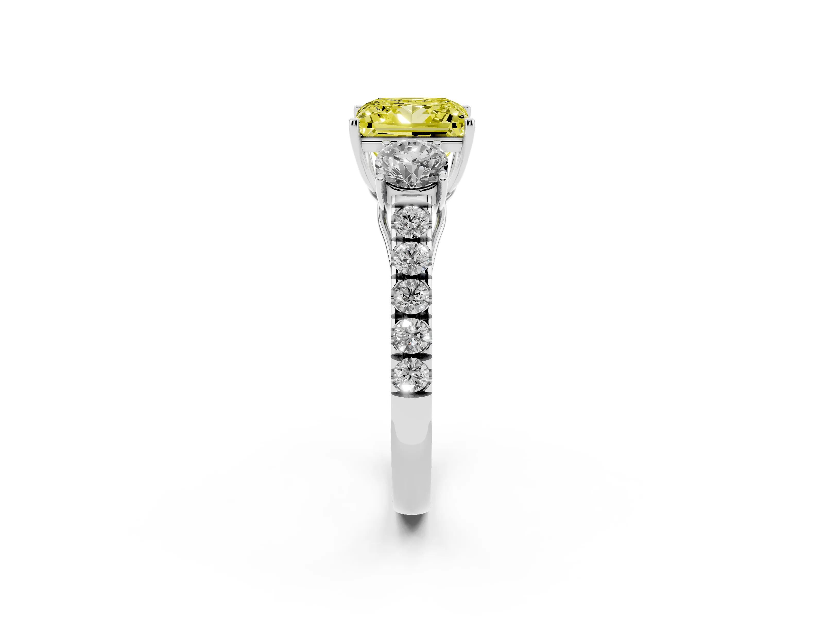 Fancy Yellow Princess Cut Diamond Three-Stone Ring Set in Silver with Round Side Stones and Delicate Pavé Band