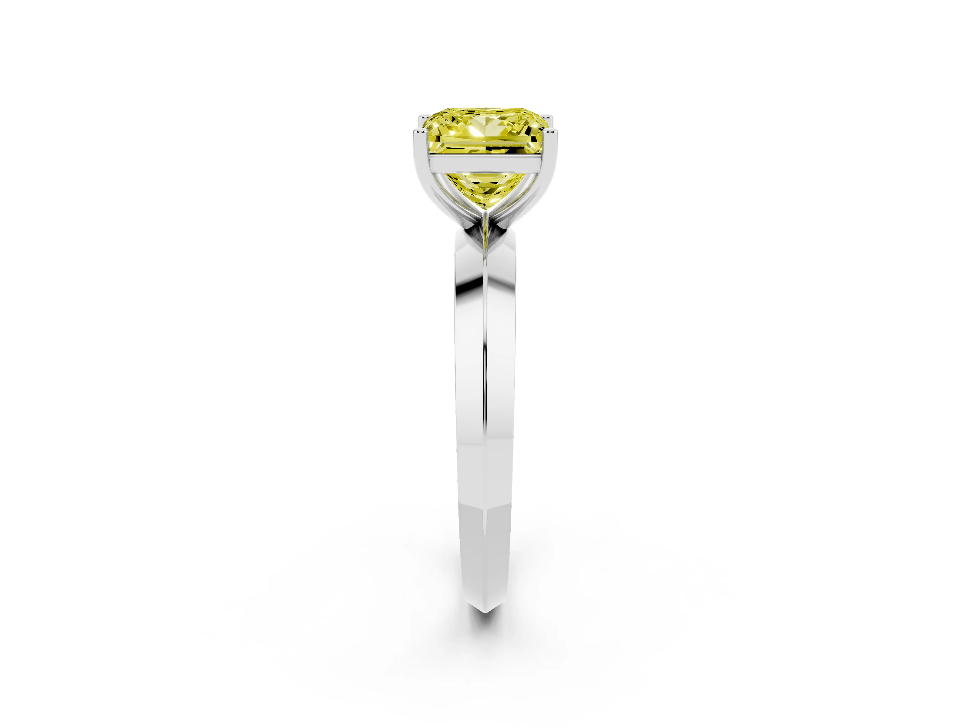 Fancy Yellow Princess Cut Diamond Solitaire Engagement Ring Set in Platinum with Flat Band and Prong Setting