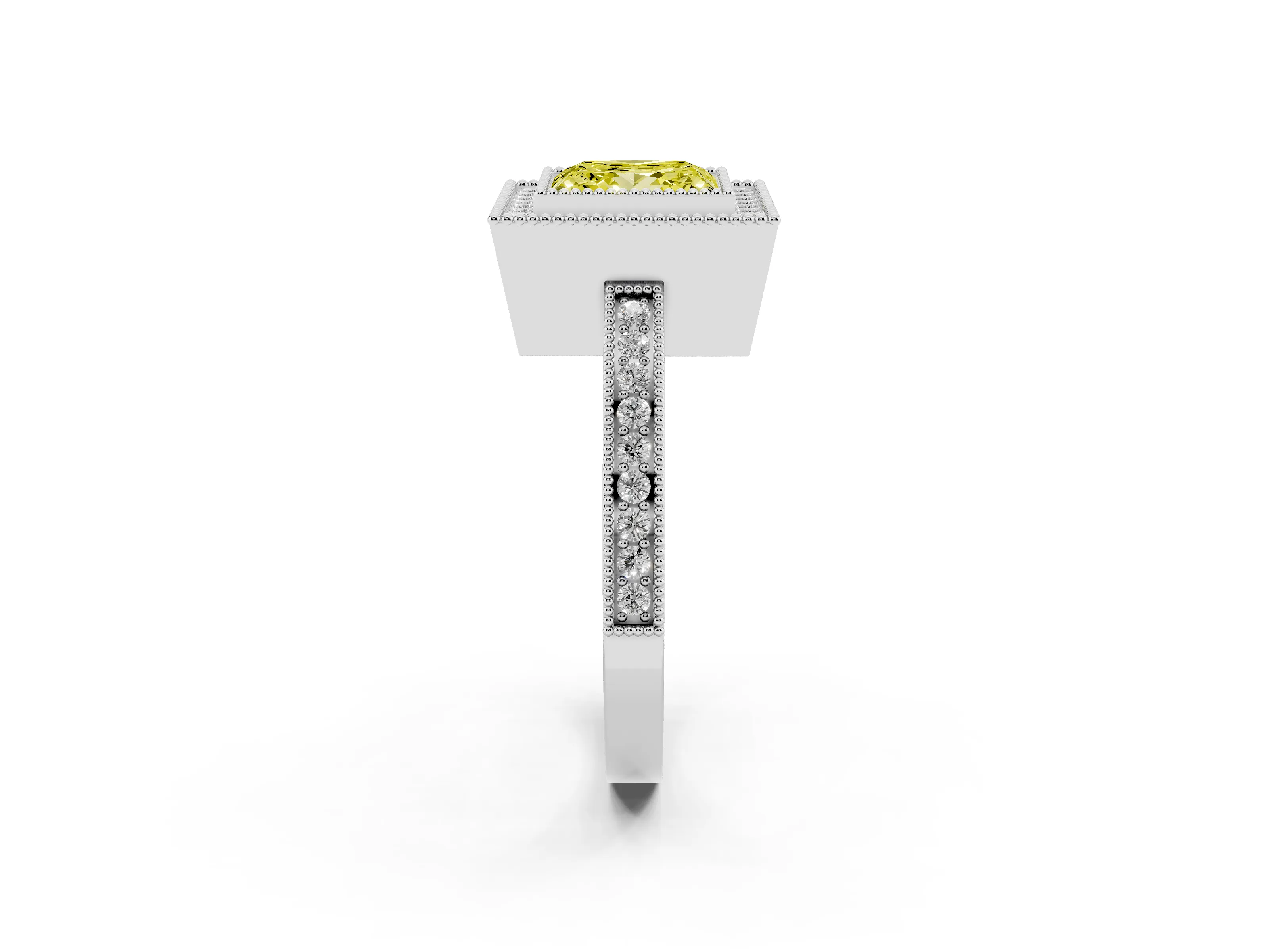 Fancy Yellow Princess Cut Diamond Halo Ring Set in White gold with Pavé Band and Milgrain-Edged Prongs
