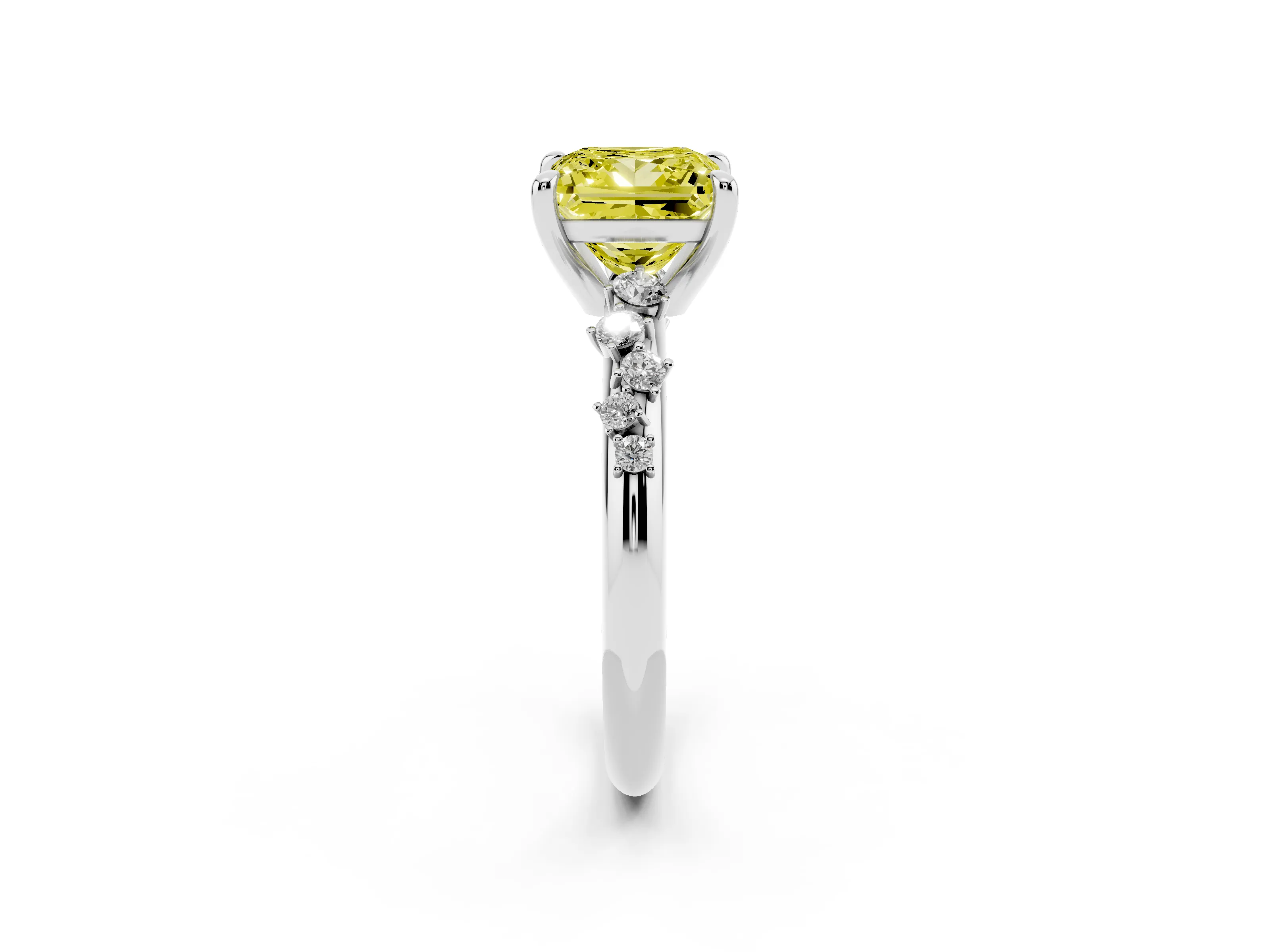 Fancy Yellow Princess Cut Diamond Solitaire Vine Band Ring Set in White gold with Round Accents and Prong Setting