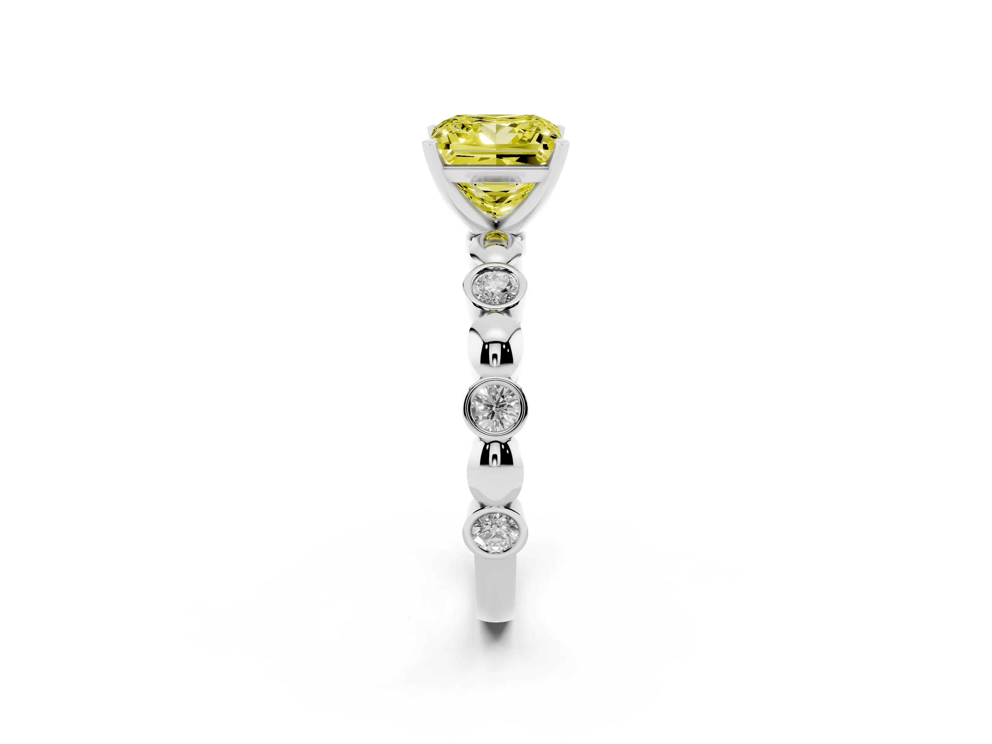 Fancy Yellow Princess Cut Diamond Solitaire Ring Set in Platinum with Bezel-Set Accents on Beaded Band and Prong Setting
