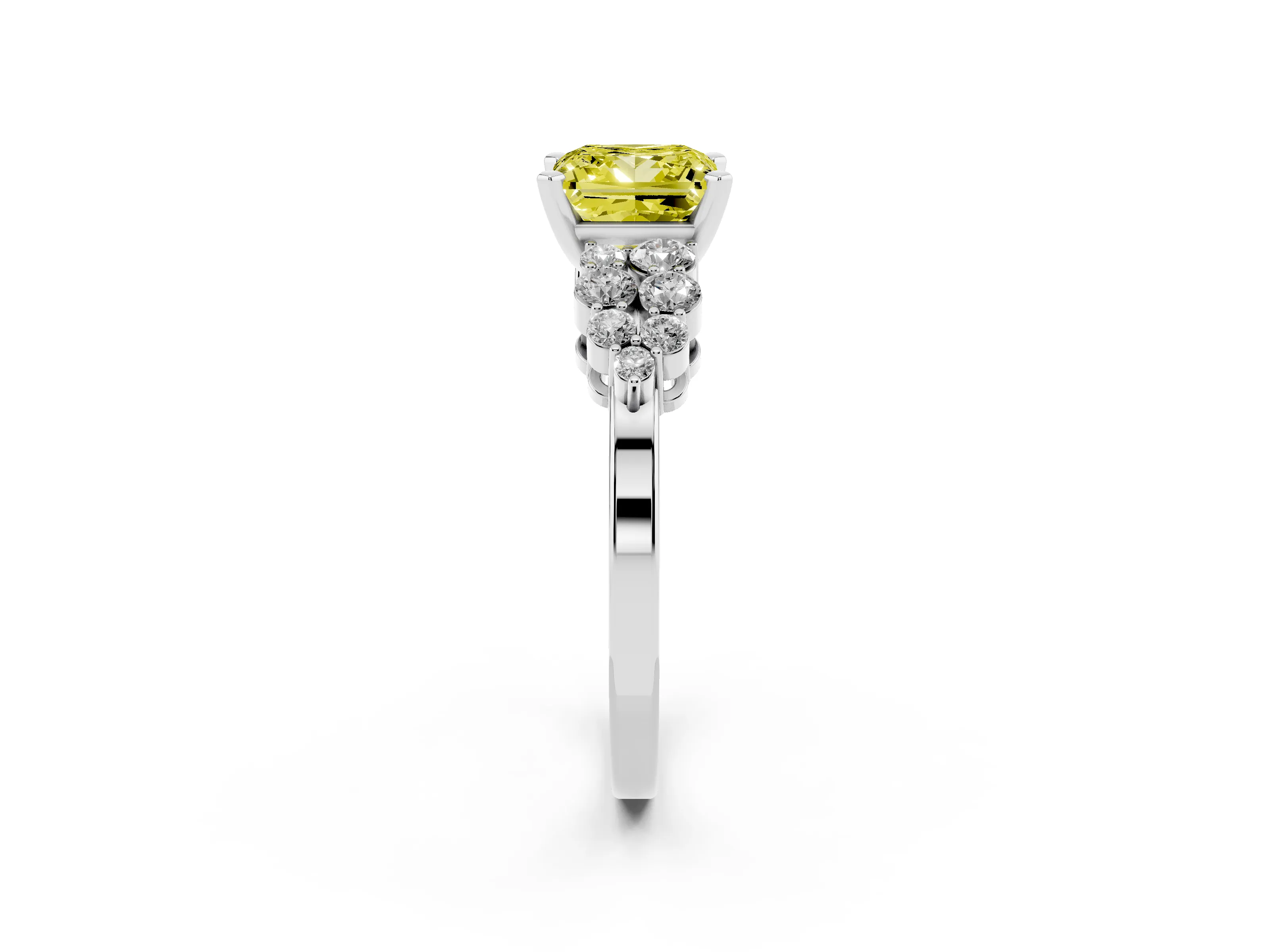 Fancy Yellow Princess Cut Diamond Cluster Engagement Ring Set in Platinum with Pavé Band and Prong Setting