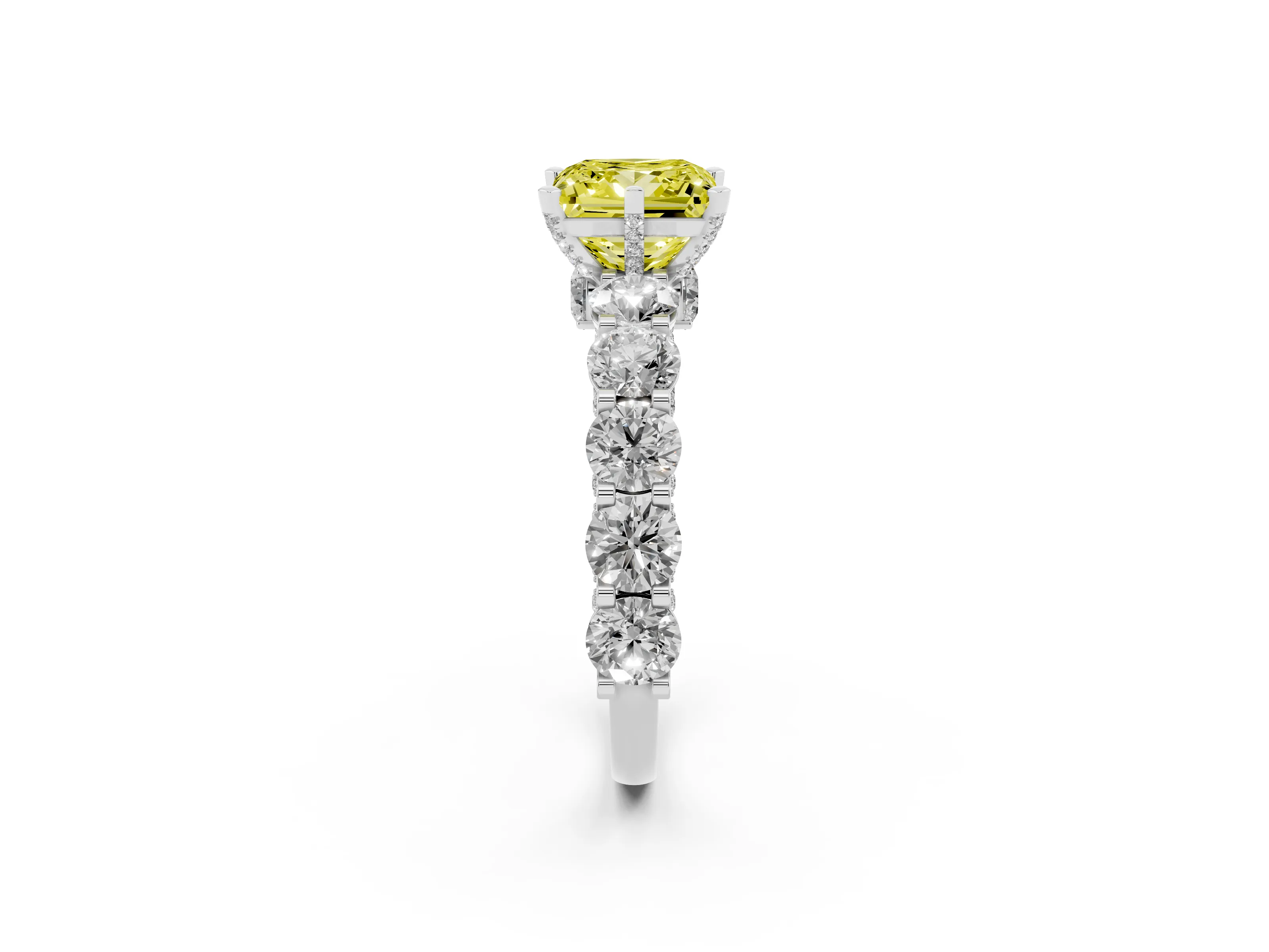 Fancy Yellow Princess Cut Diamond Side Stone Ring Set in Silver with Alternating Round and Oval Side Stones