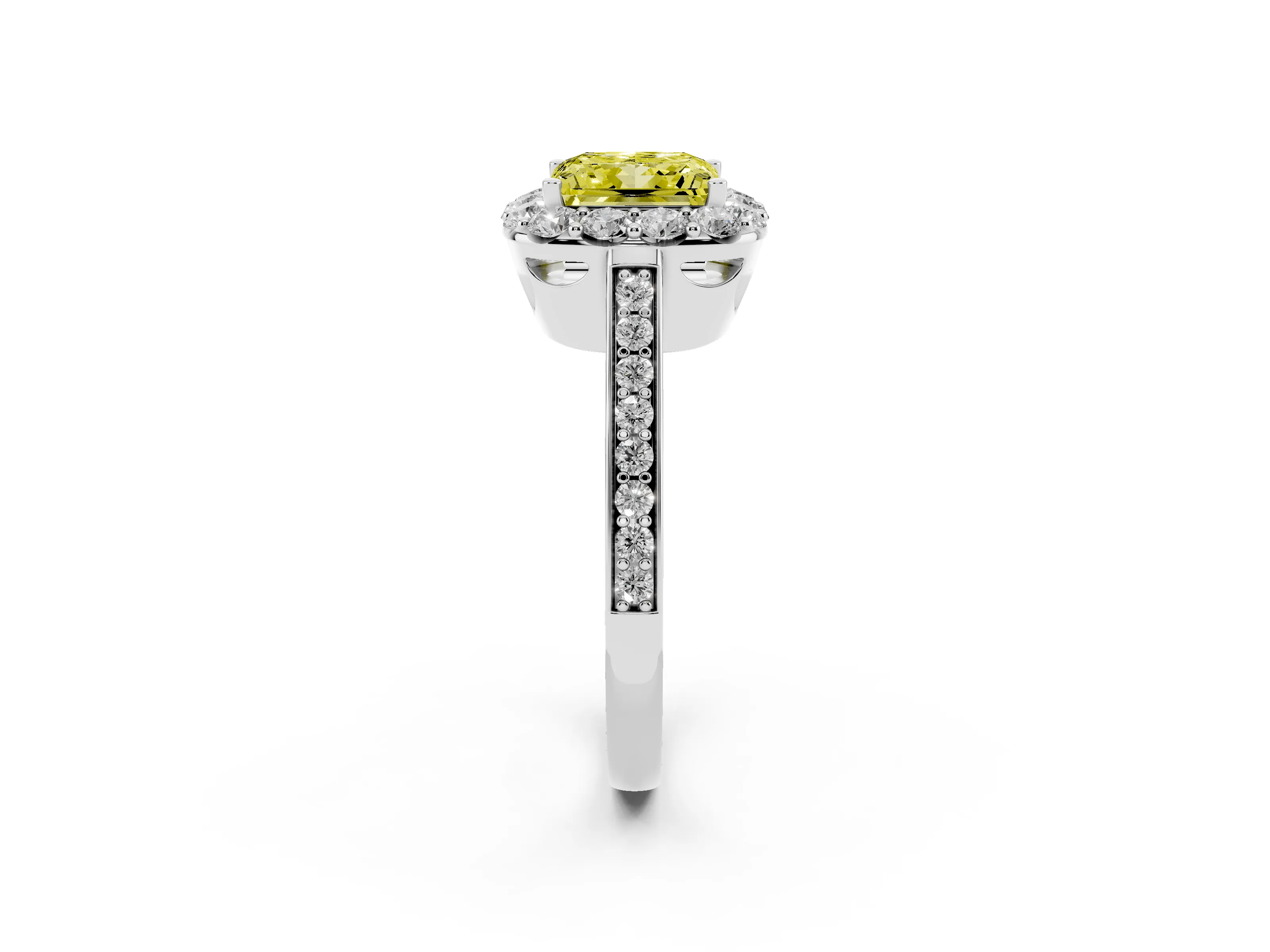 Fancy Yellow Princess Cut Diamond Floral Halo Ring Set in Platinum with Pavé Band and Prong Setting