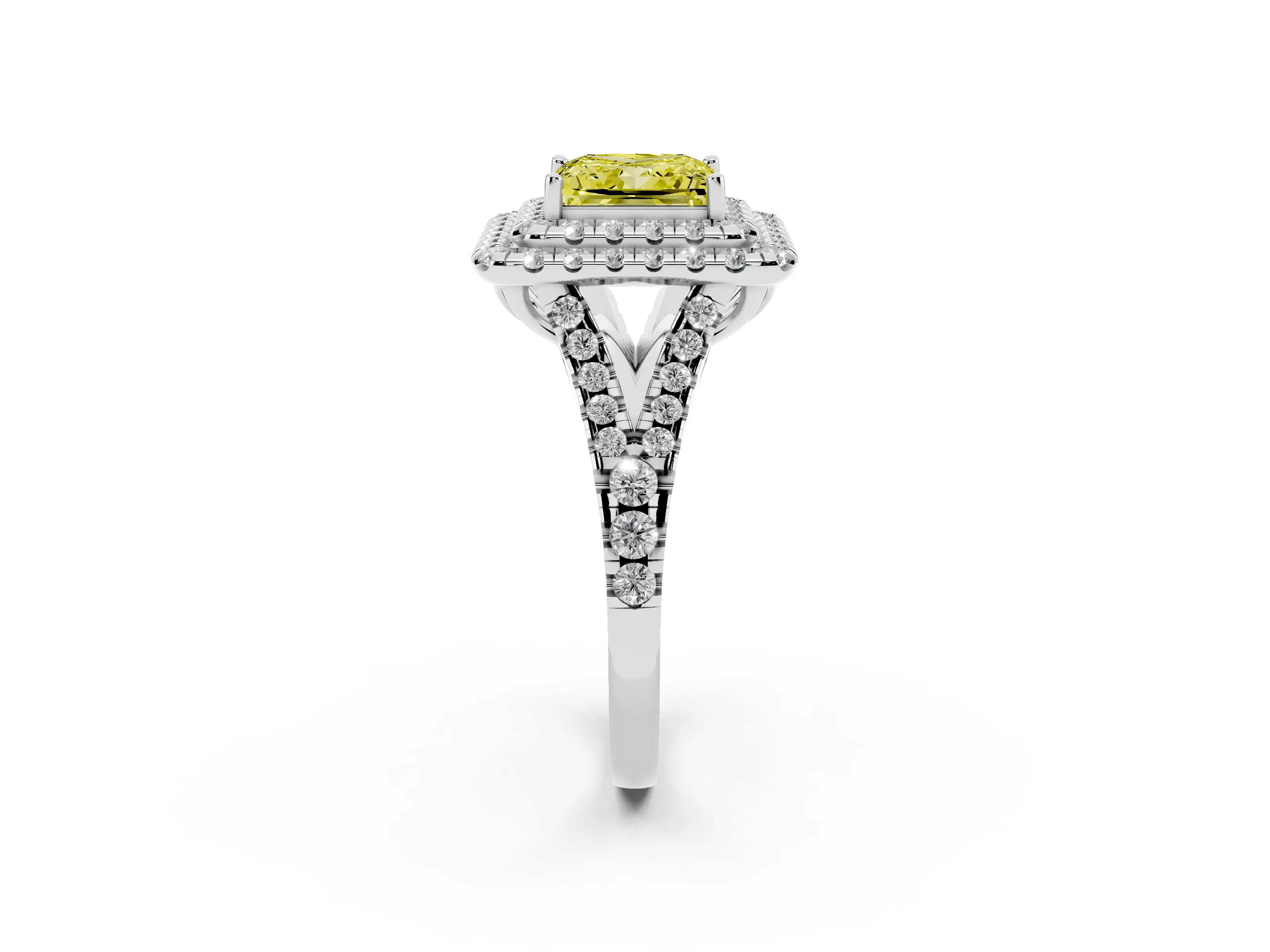 Fancy Yellow Princess Cut Diamond Double Halo Ring Set in Platinum with Pavé Split Shank and Prong Setting