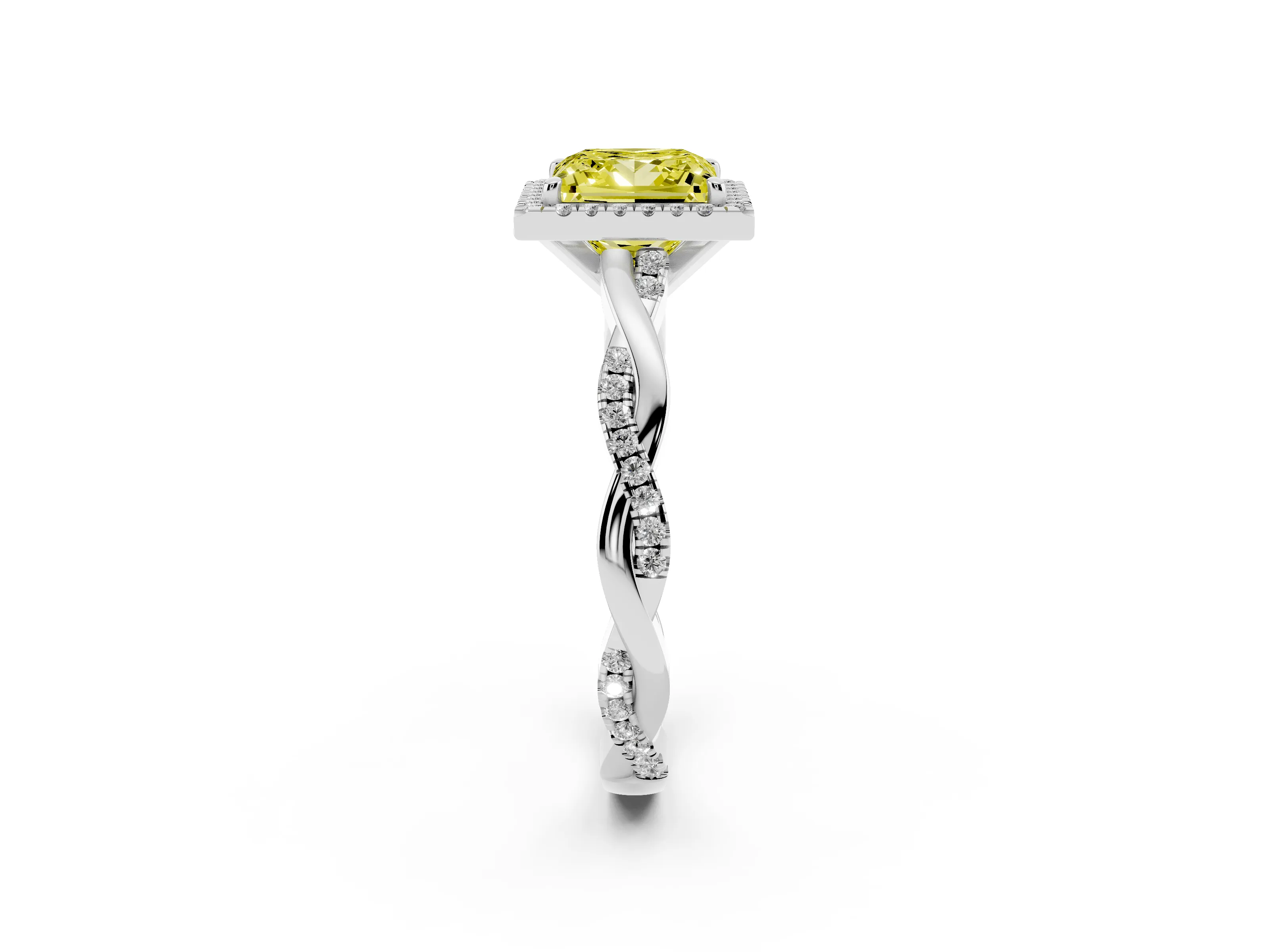Fancy Yellow Princess Cut Diamond Halo Twisted Band Ring Set in White gold with Prong Setting
