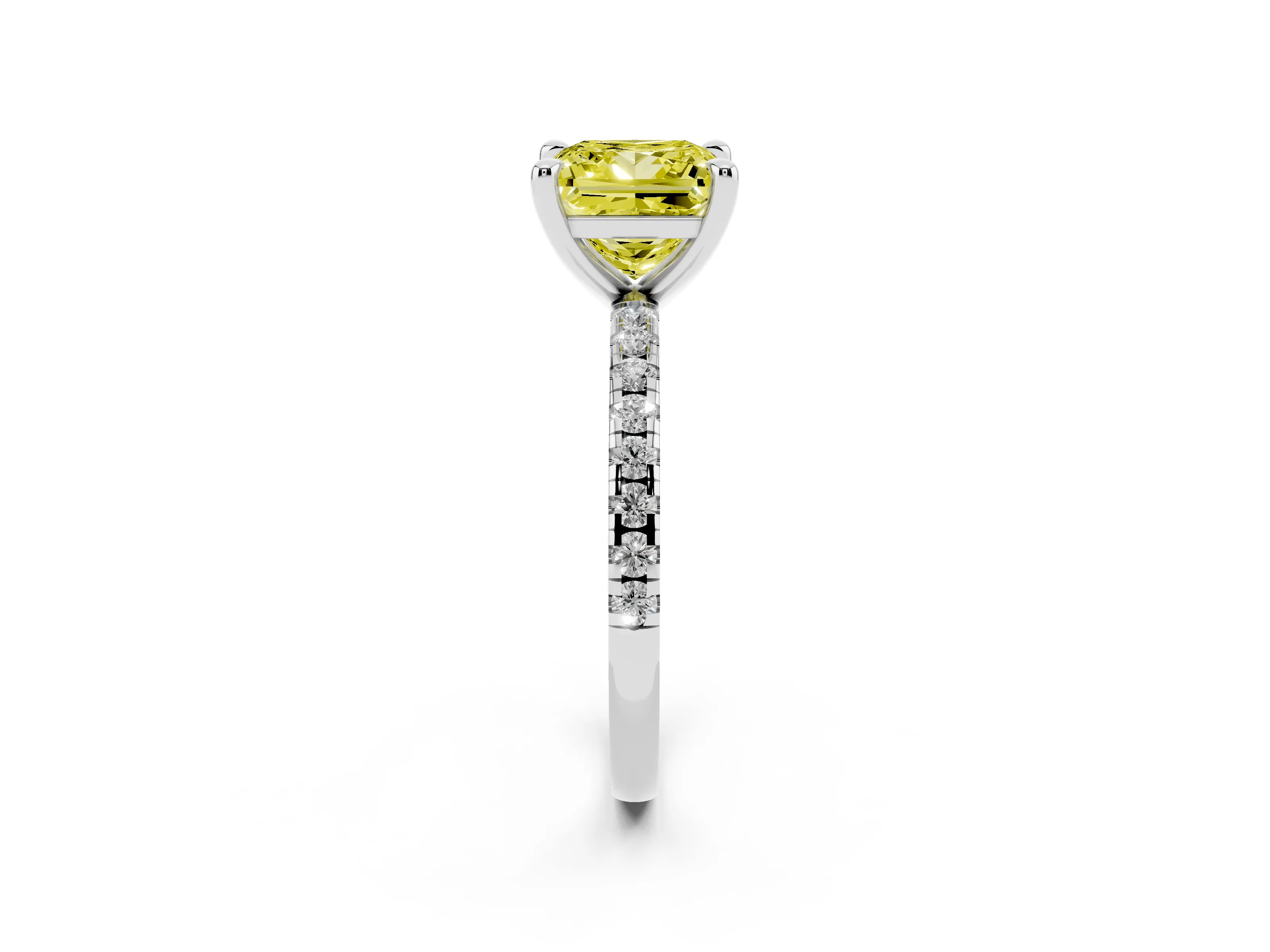 Fancy Yellow Princess Cut Diamond Brilliant Solitaire Ring Set in White gold with Pavé Band and Prong Setting