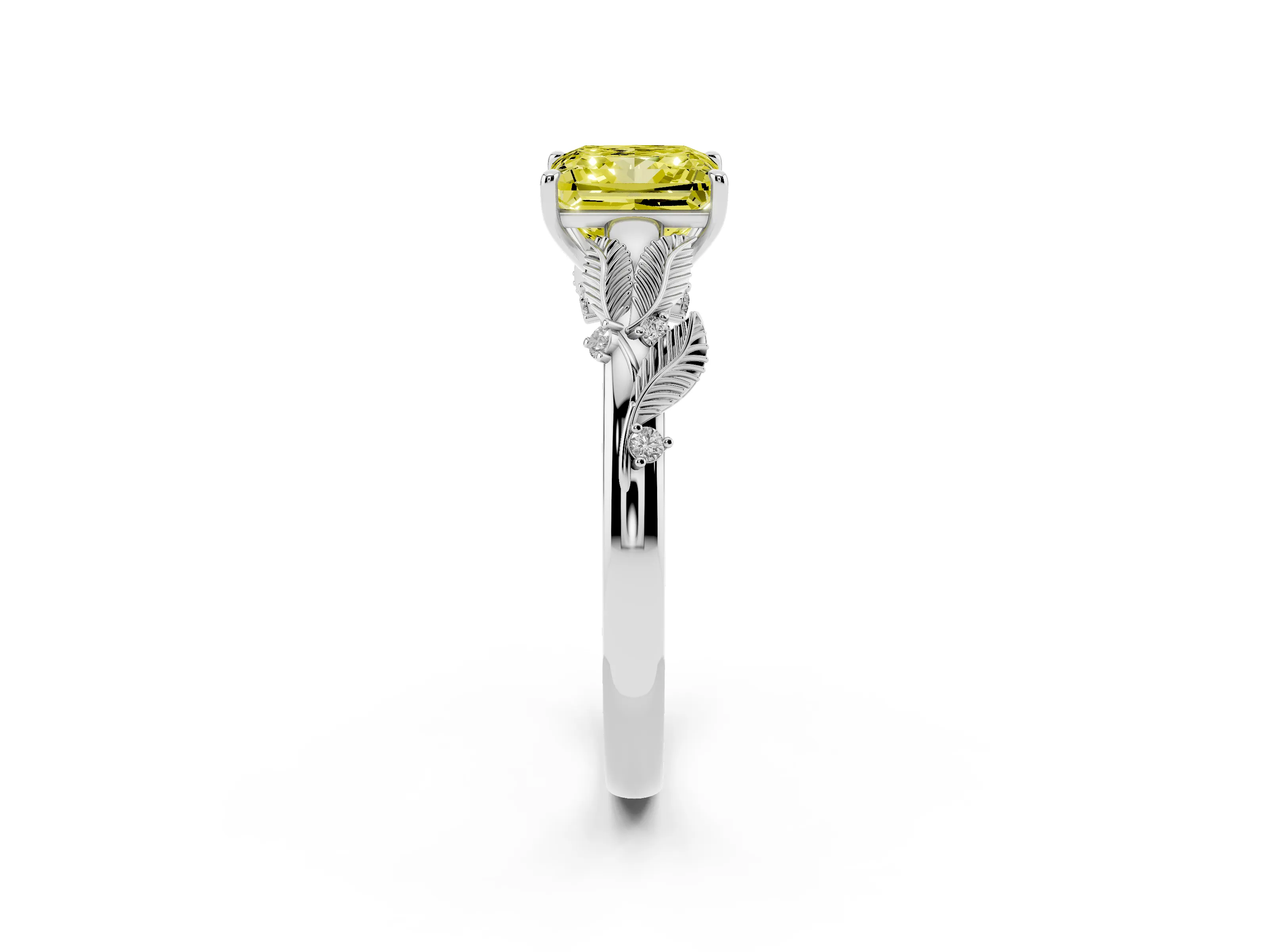 Fancy Yellow Princess Cut Diamond Solitaire Ring Set in Silver with Leaf Motif Band