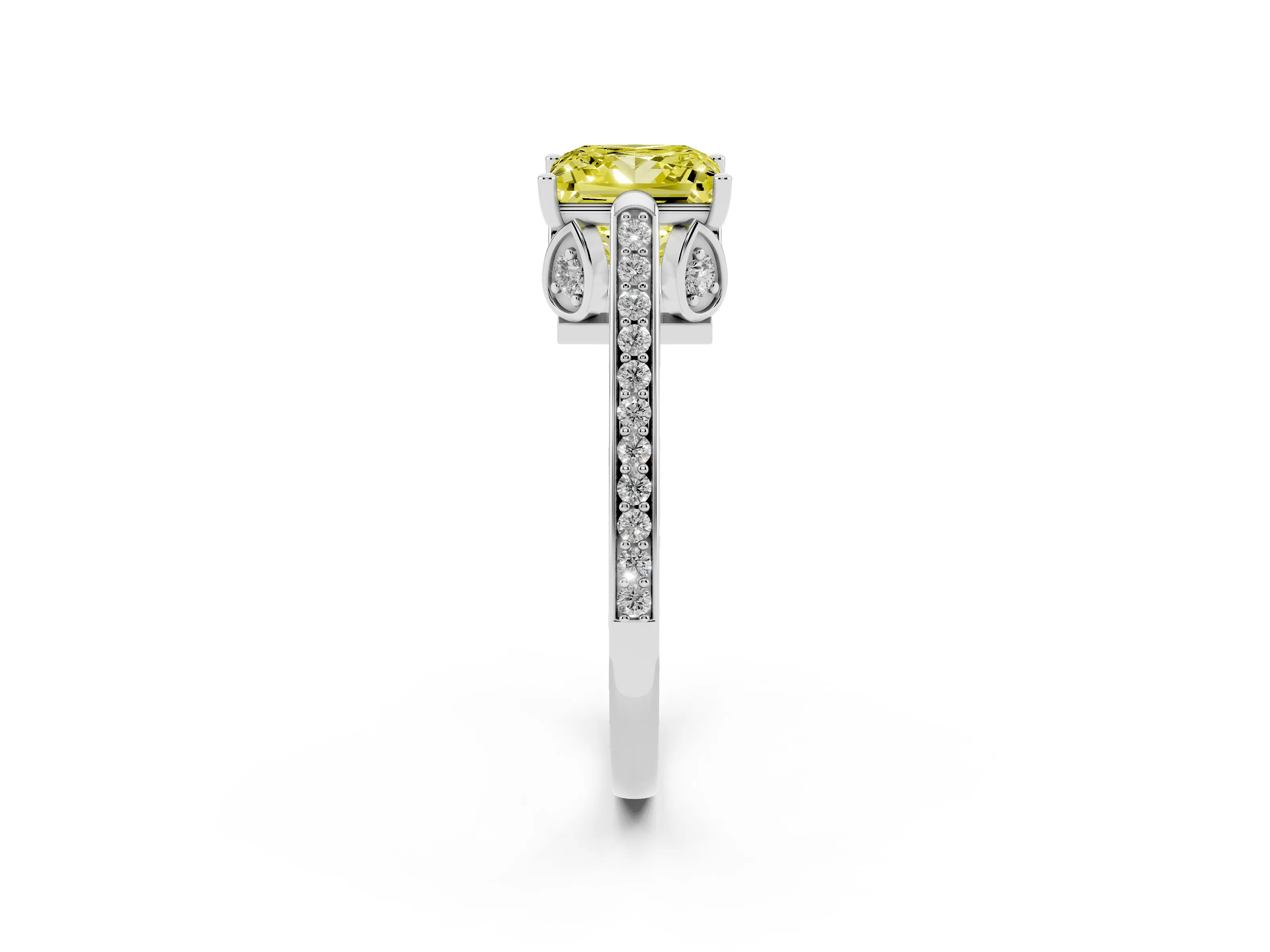 Fancy Yellow Princess Cut Diamond Cathedral Pavé Engagement Ring Set in White gold with Prong Setting